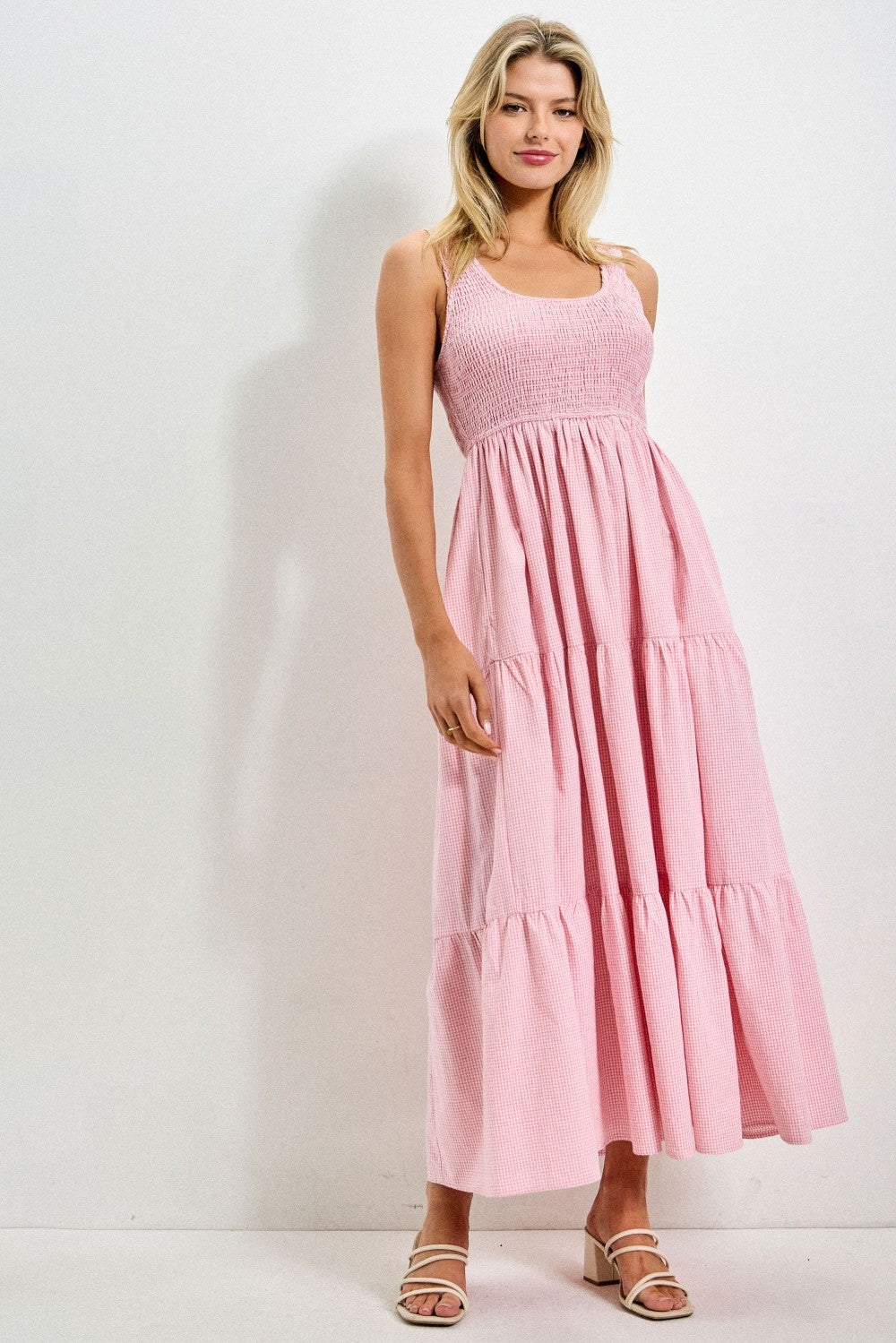 Pink gingham midi dress by BAEVELY featuring a flowy silhouette and sleeveless design, perfect for dressy occasions.