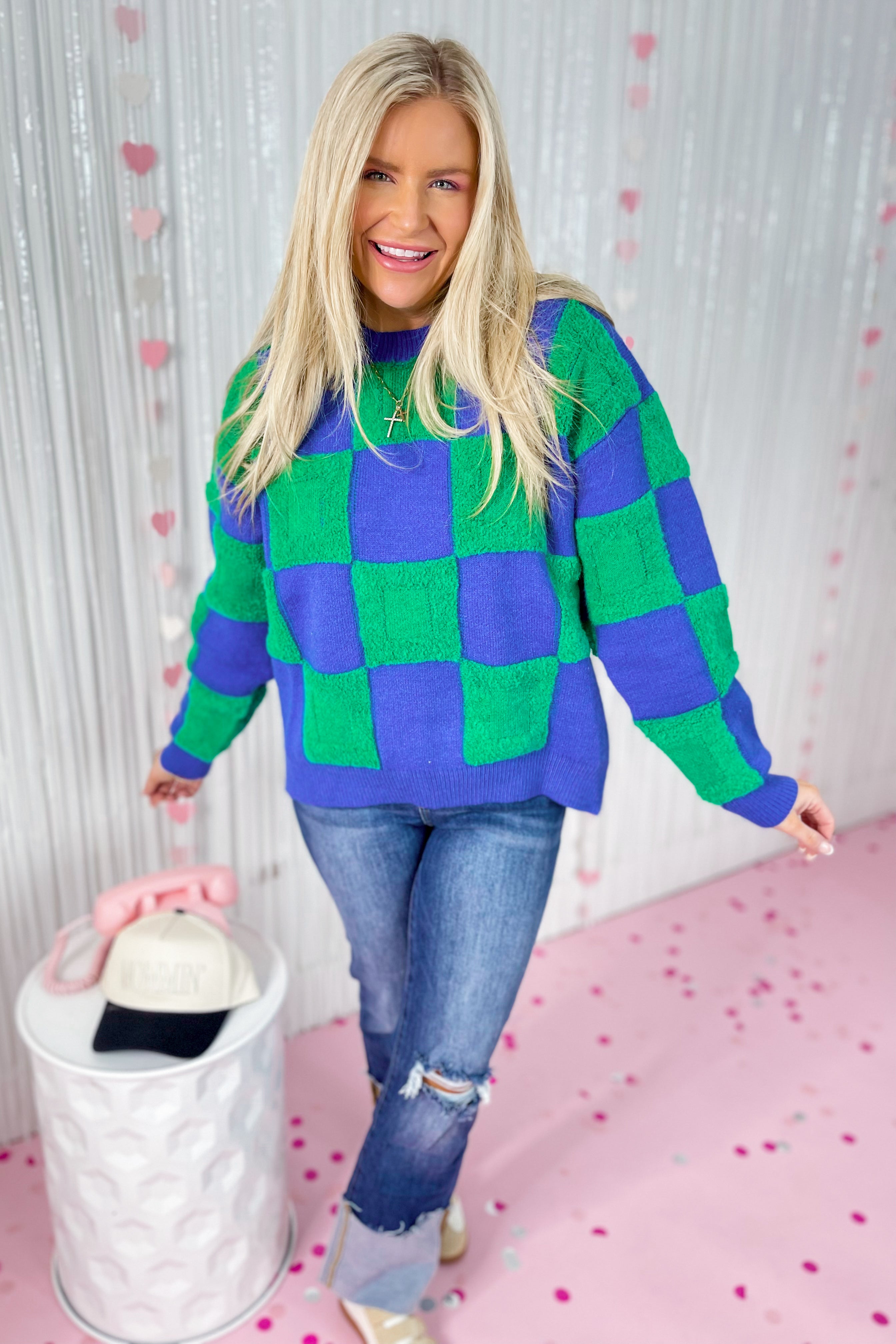 Margie Textured Checkered Pullover Ribbed Sweater - Be You Boutique