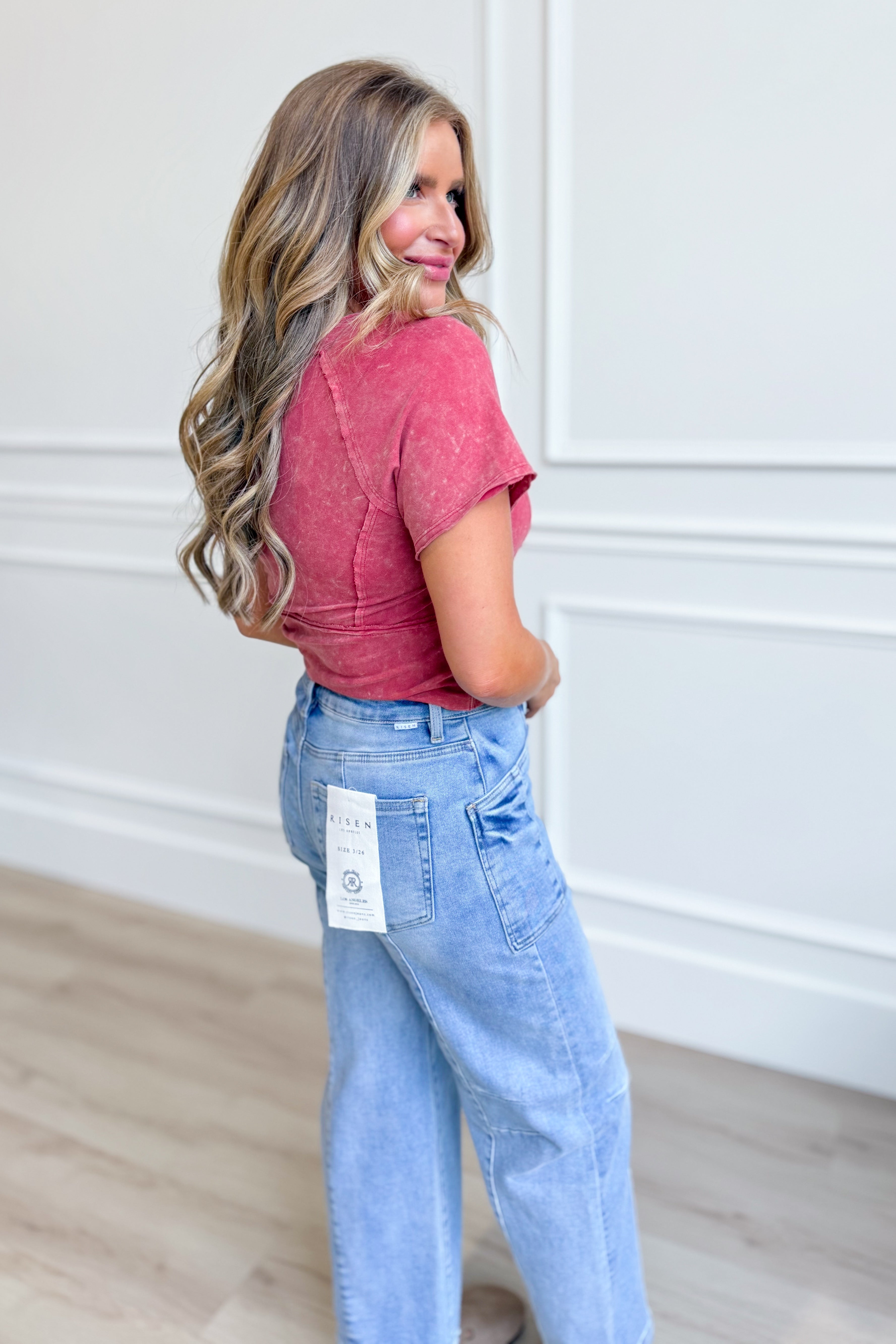 Olivia Cherry Mineral Washed Short Sleeve Top by VERY J, casual 105 top in soft fabric with cherry print and relaxed fit.