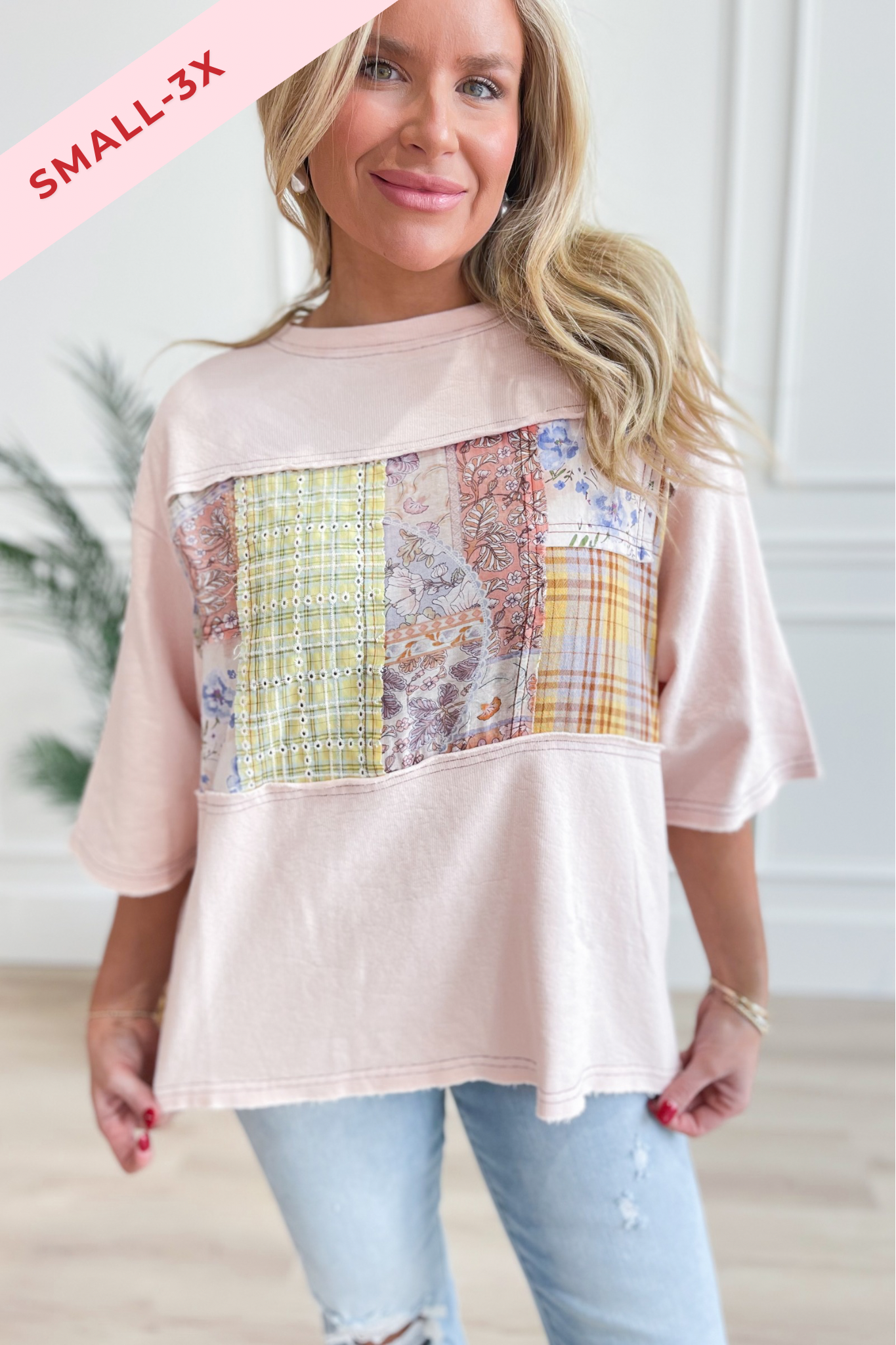 Edward Mix Print Patchwork Detail Half Sleeve Top - Be You Boutique