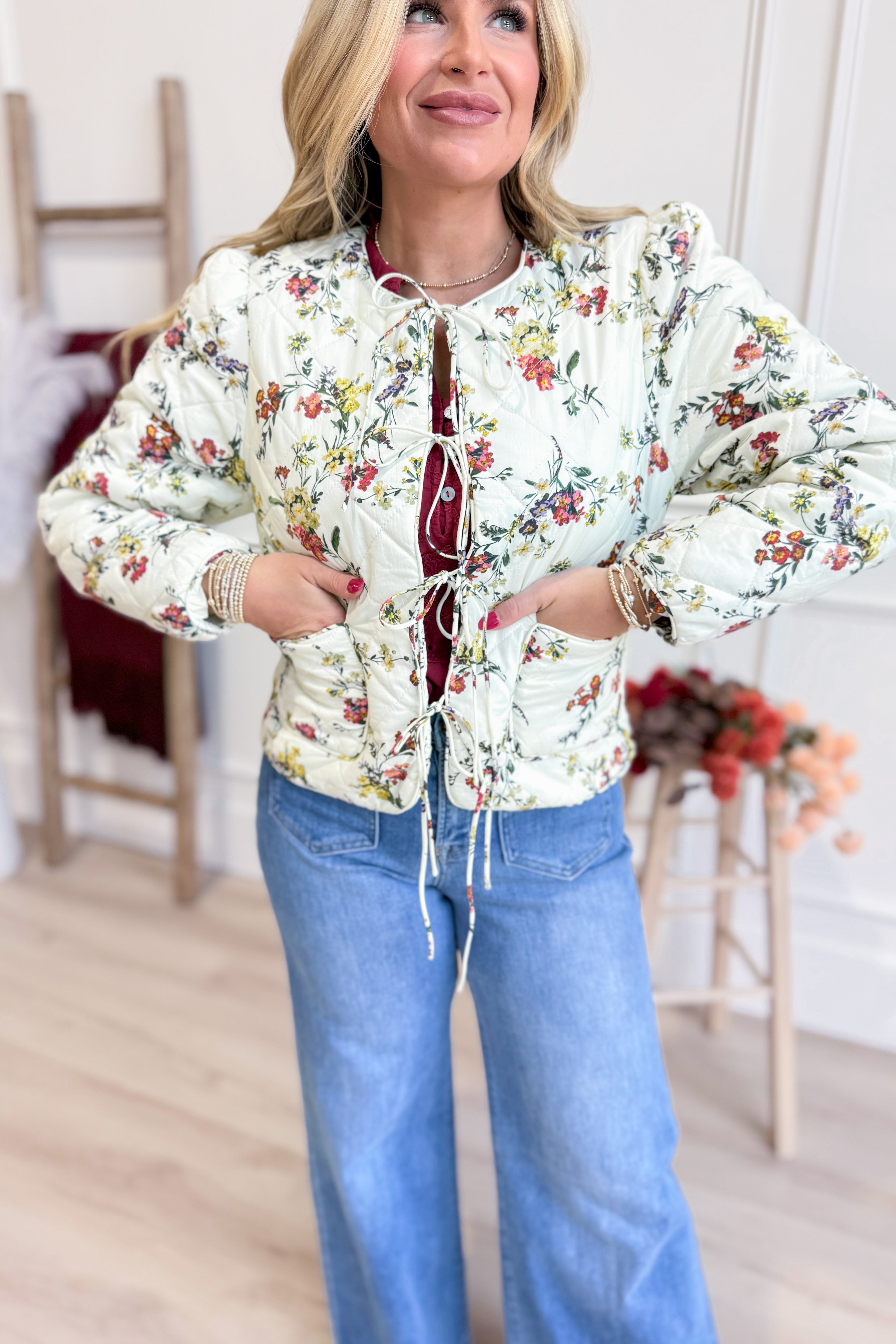 Tori Floral Quilted Tie Front Jacket - Be You Boutique