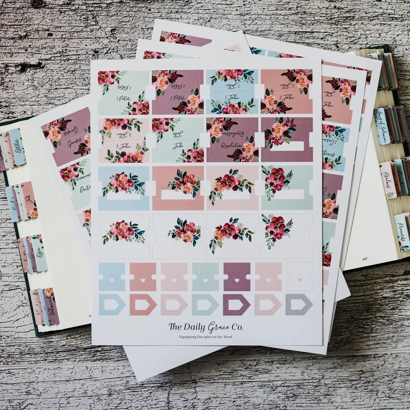 HOSANNA REVIVAL floral Bible tabs set with colorful decorative tabs for organizing and highlighting Bible pages.