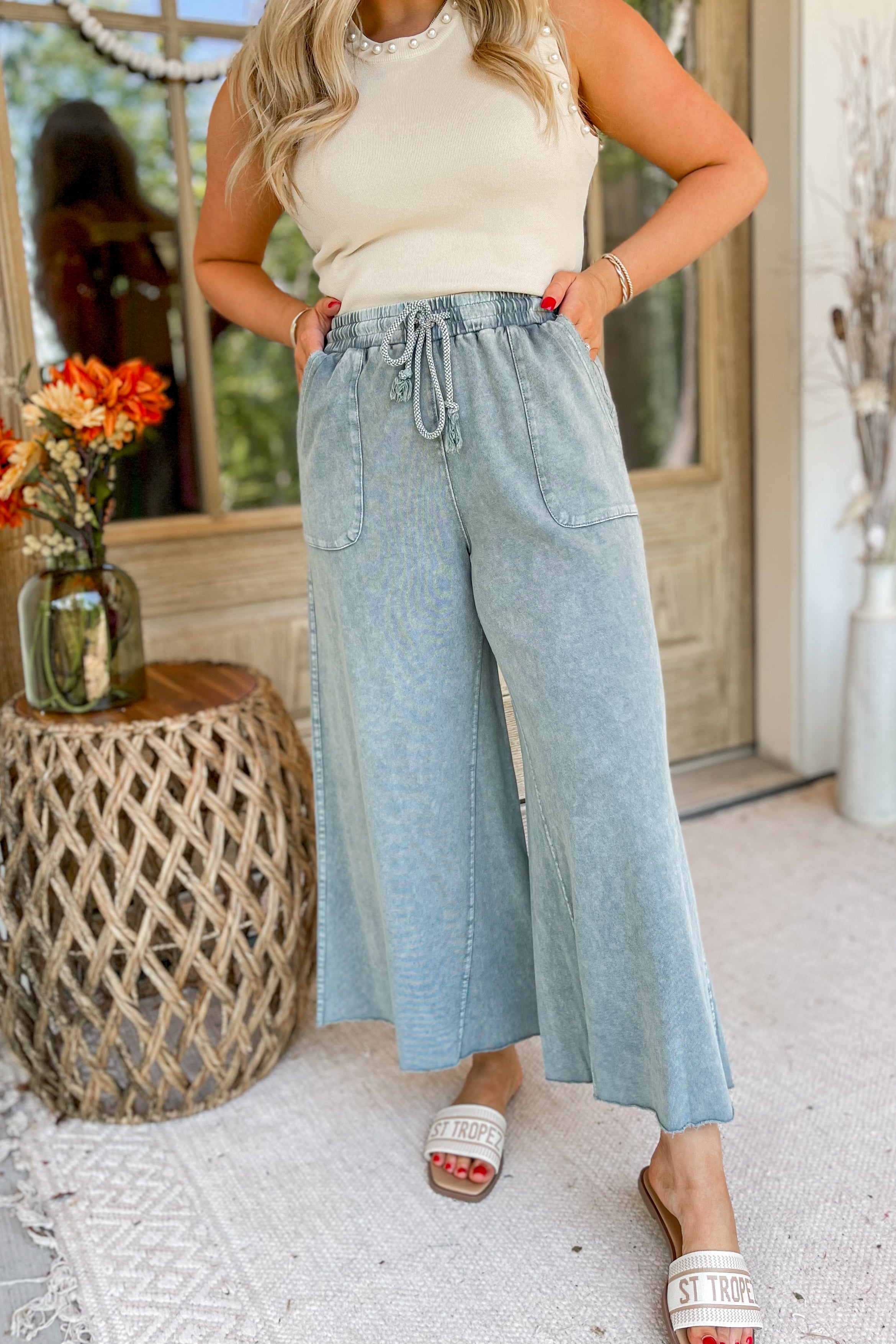 Rachel Washed Terry Knit Wide Leg Pant Bottom - Be You Boutique