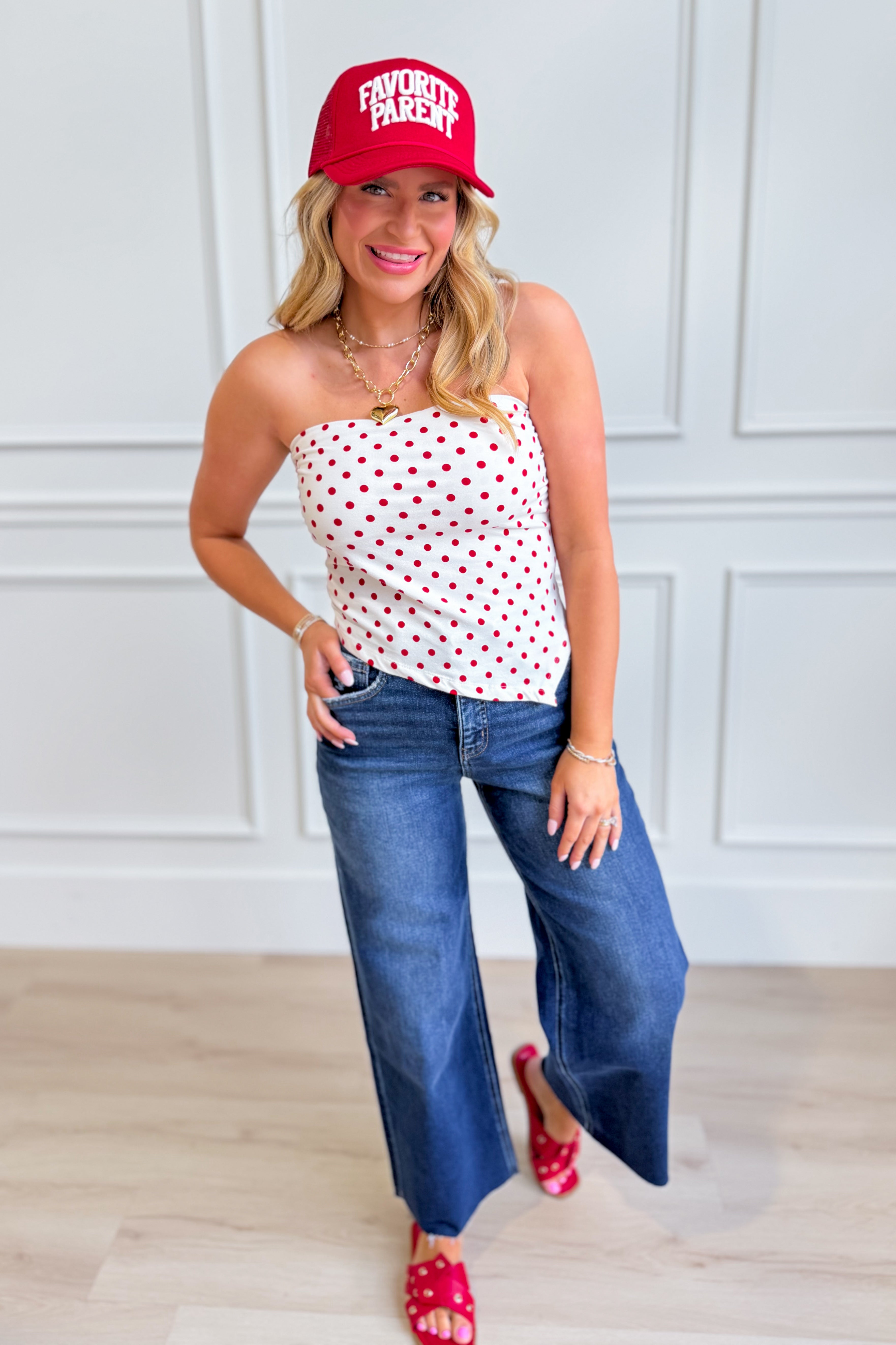 HYFVE Hannah white polka dot triangle tube top, a stylish 110 dressy top with a fitted design and playful polka dot pattern.