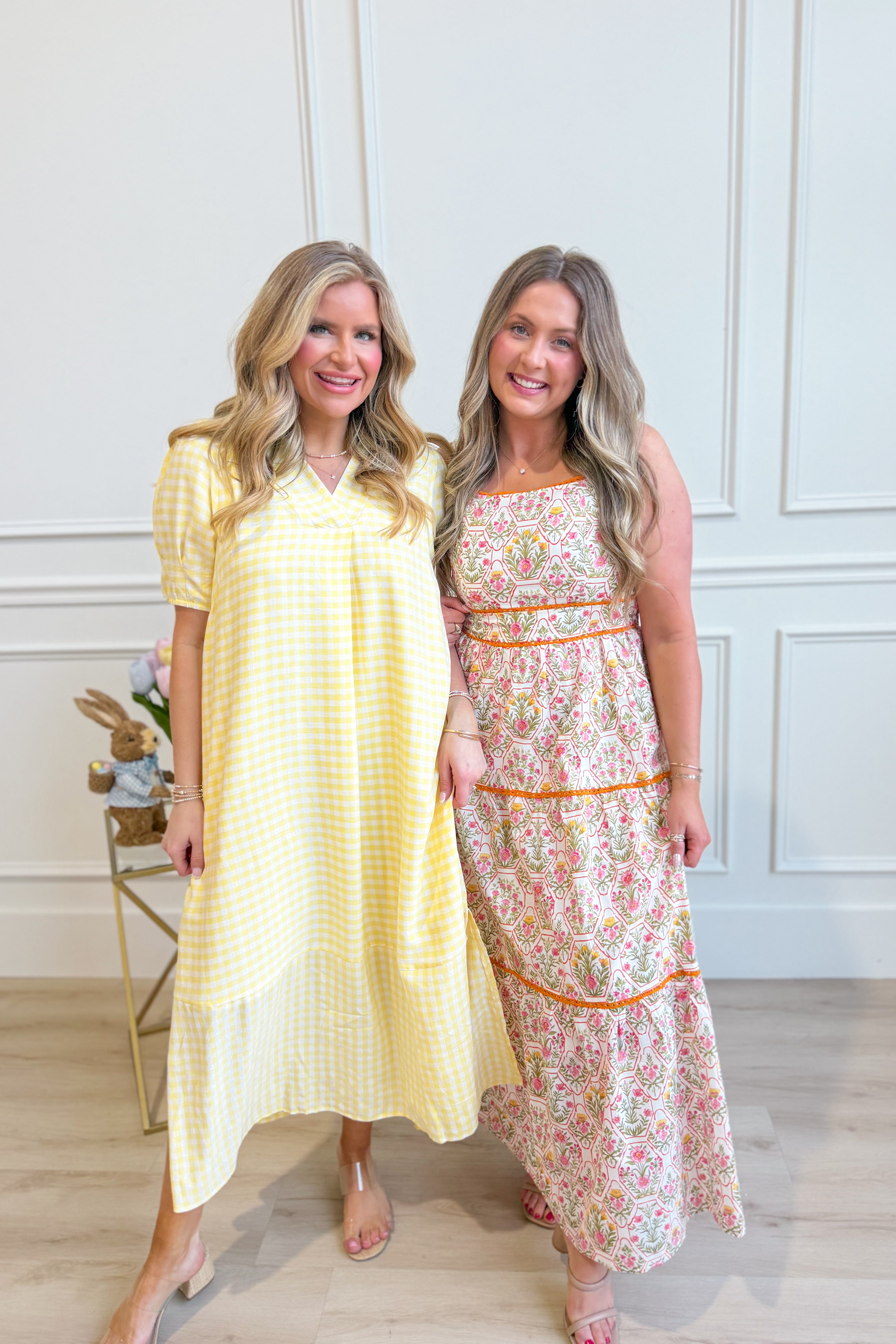 Umgée USA Tonya plaid printed midi dress with long sleeves and a fitted waist, perfect for dressy occasions.