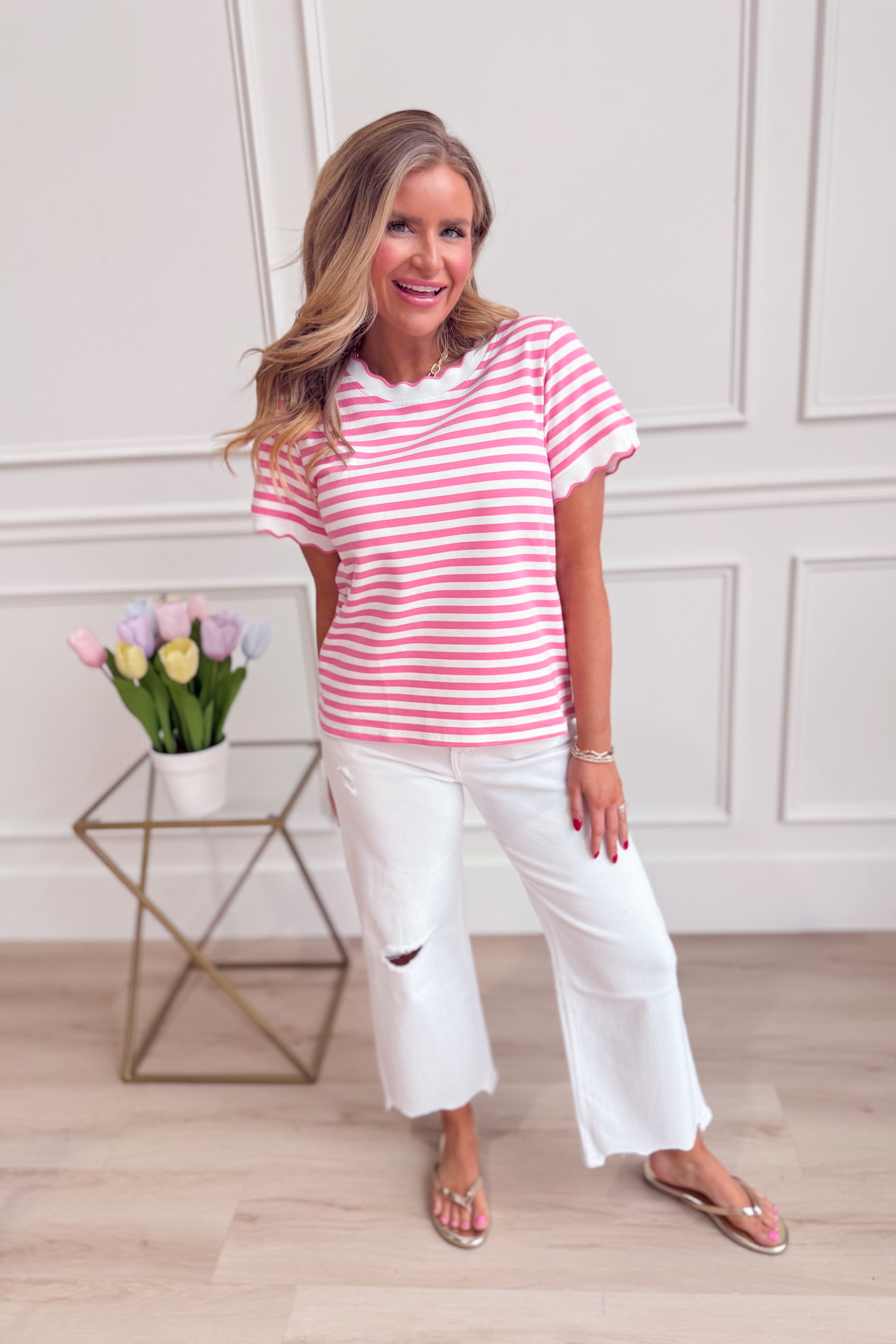 Laura Ivory striped scallop trim casual top by BAEVELY featuring a relaxed fit and stylish scalloped neckline.