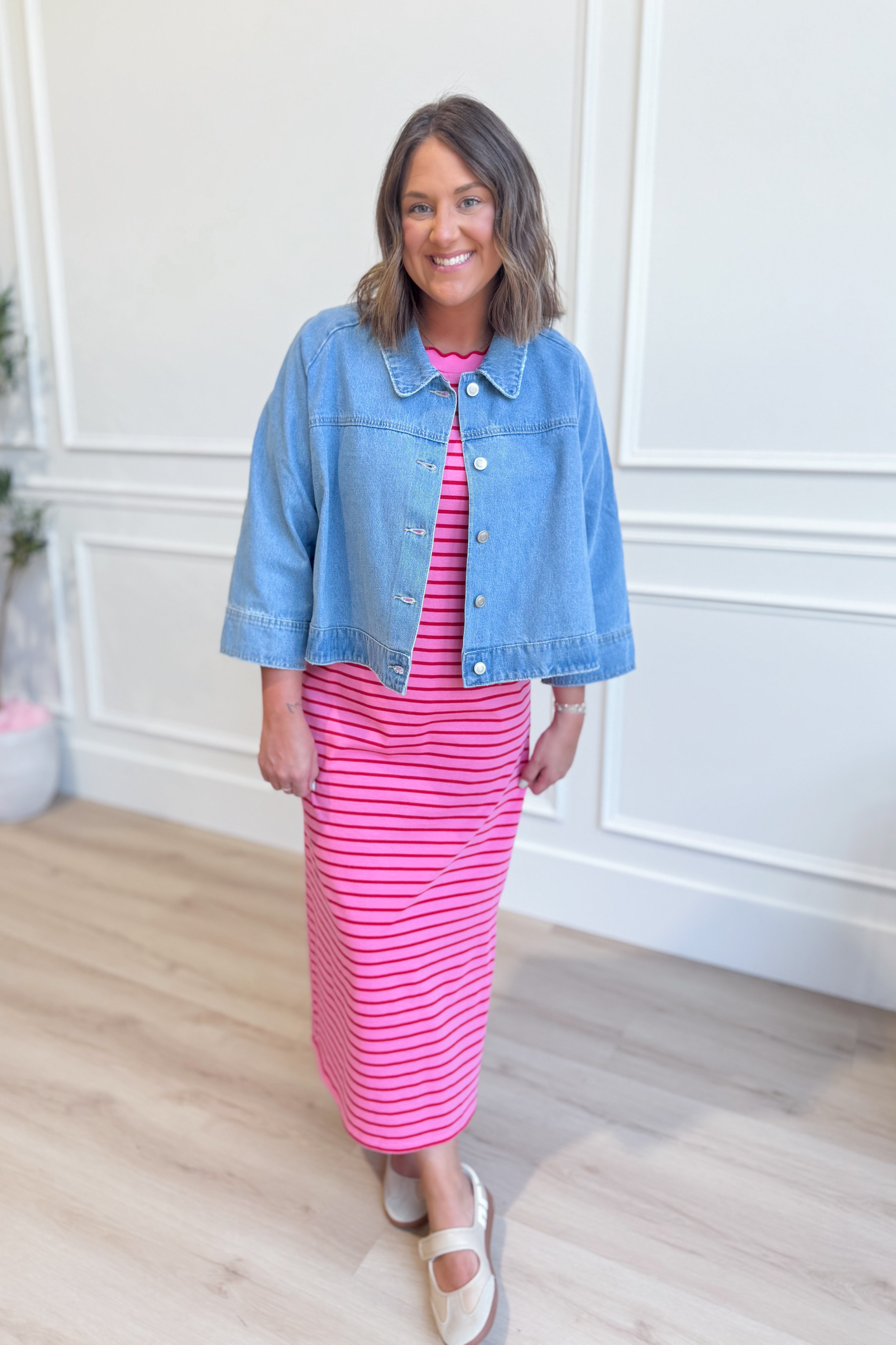 Pink and white striped BAEVELY Piper midi dress with short sleeves, casual style, lightweight fabric, and feminine design.