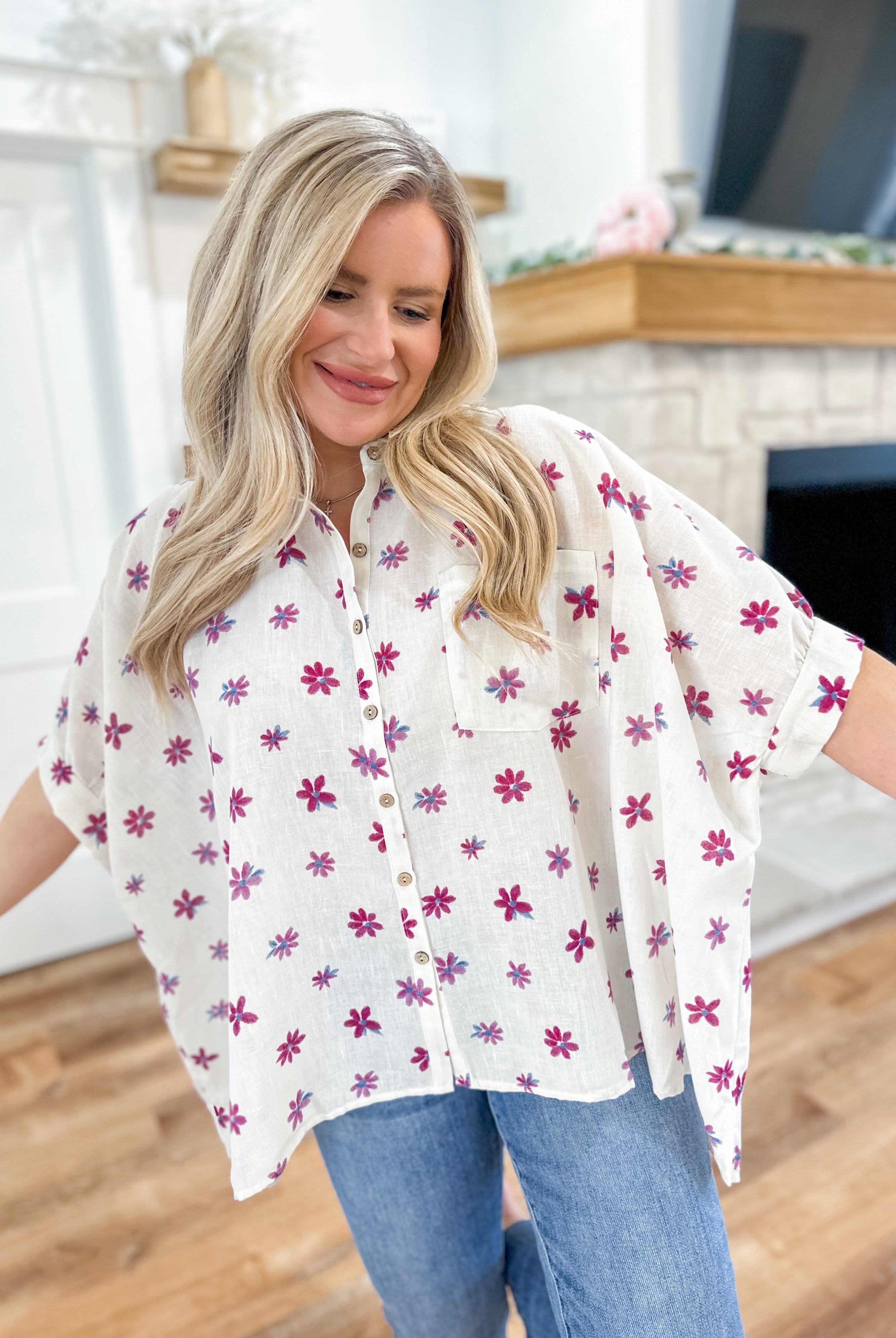 Evelyn Half Sleeve Flower Print Button Down Shirt - Be You Boutique