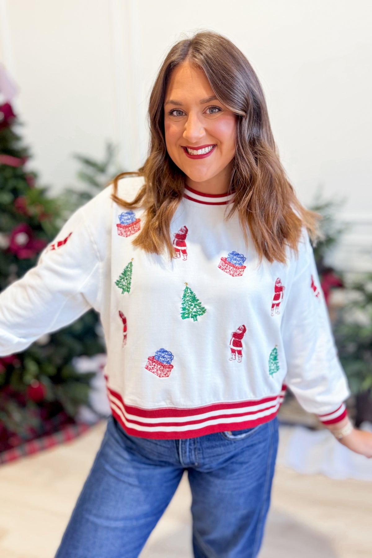 Mary Square Millie Tidings and Toile graphic pullover sweatshirt with festive toile design