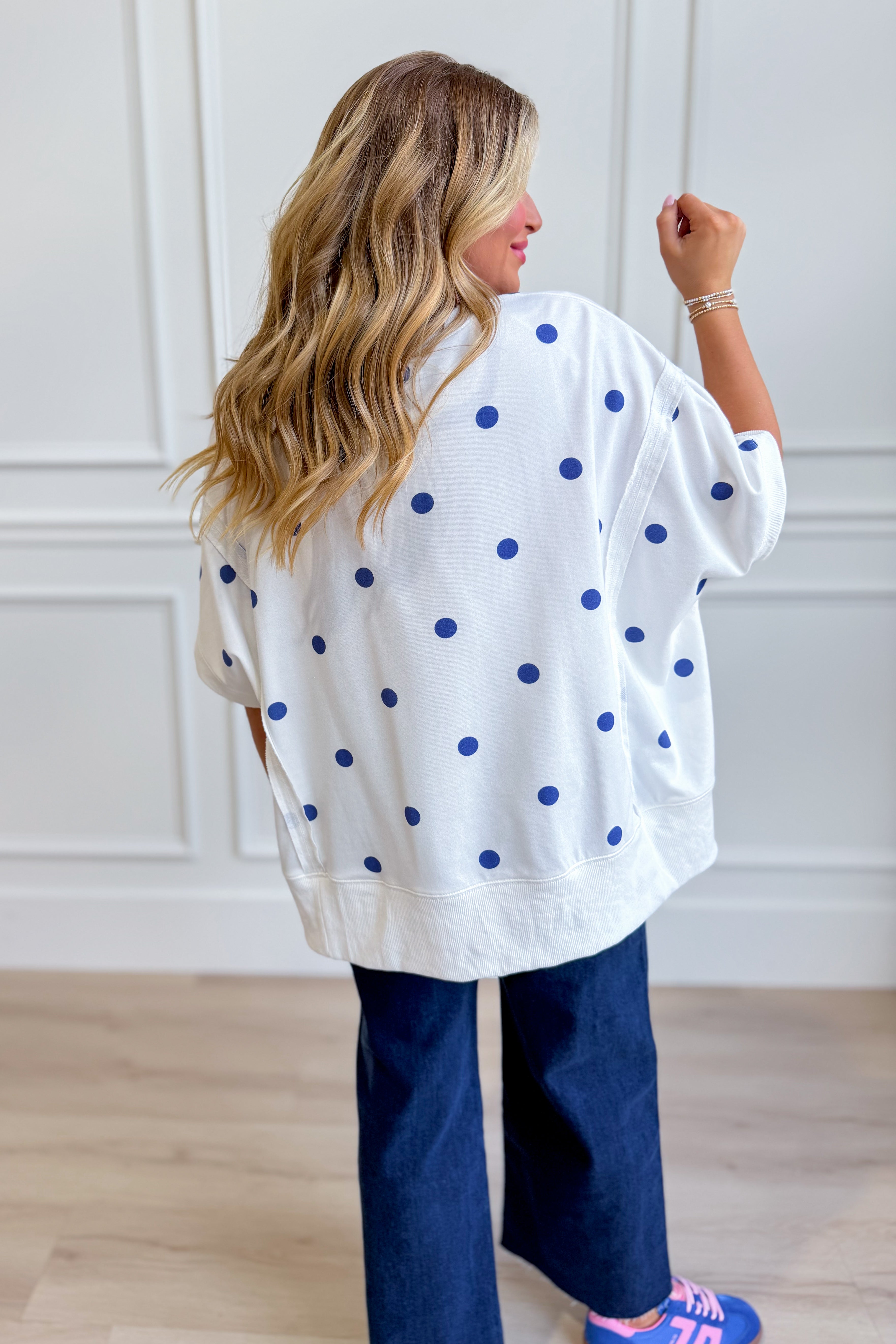 PEACH LOVE Renee Polka Dot Dolman Sleeve Top, casual women's top with lightweight fabric and polka dot pattern.