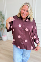 ENTRO Janie Polka Dot Button Down Top, stylish dressy blouse with polka dot pattern and button-front design.