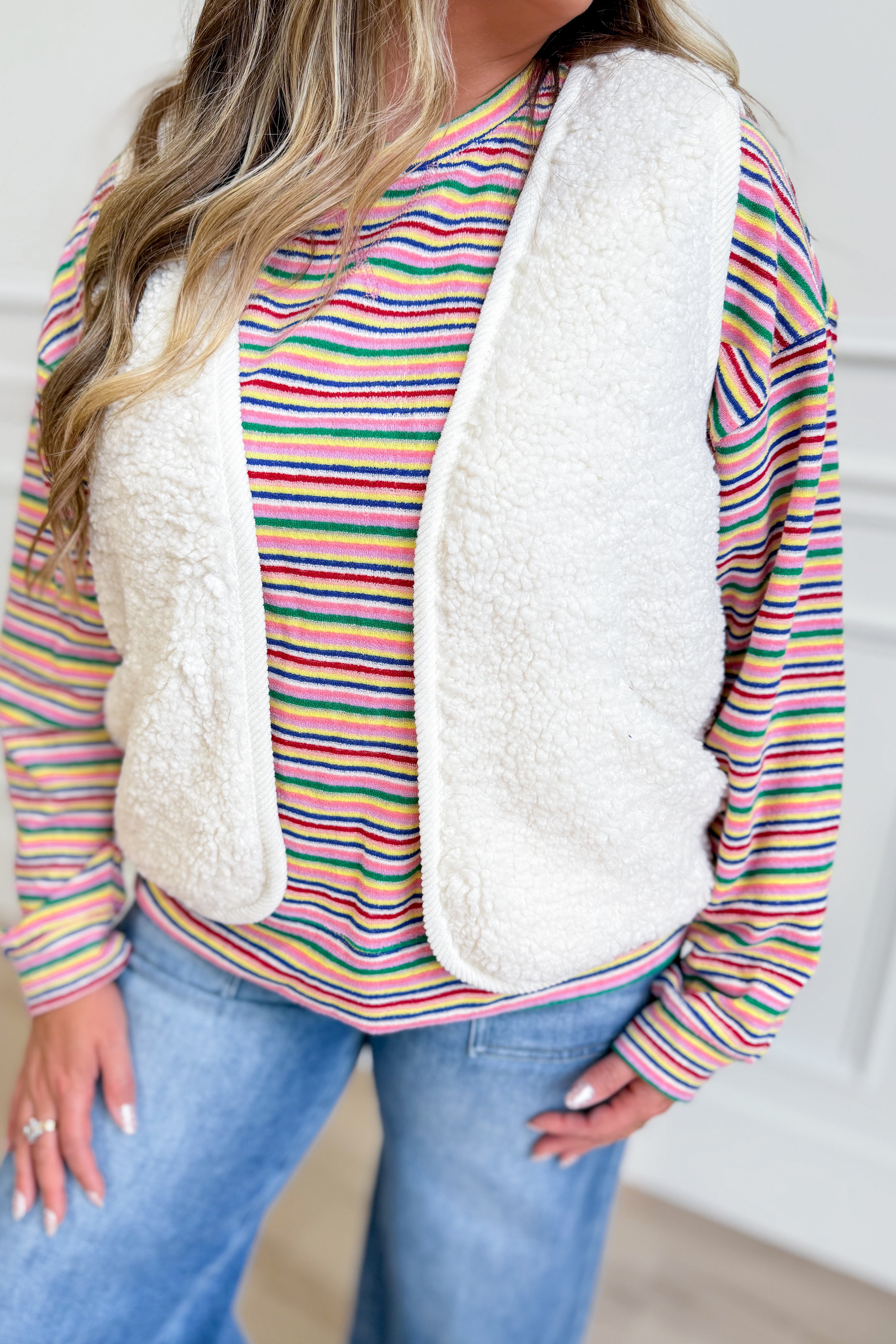 Wishlist Cannon ecru sherpa sleeveless vest, 140 outerwear, shown in a close-up image highlighting the cozy sherpa fabric and sleeveless design.
