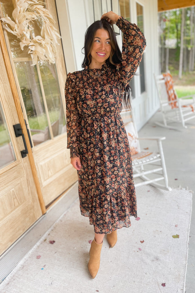Harrison Floral Long Sleeve Mock Neck Midi Dress - Be You Boutique