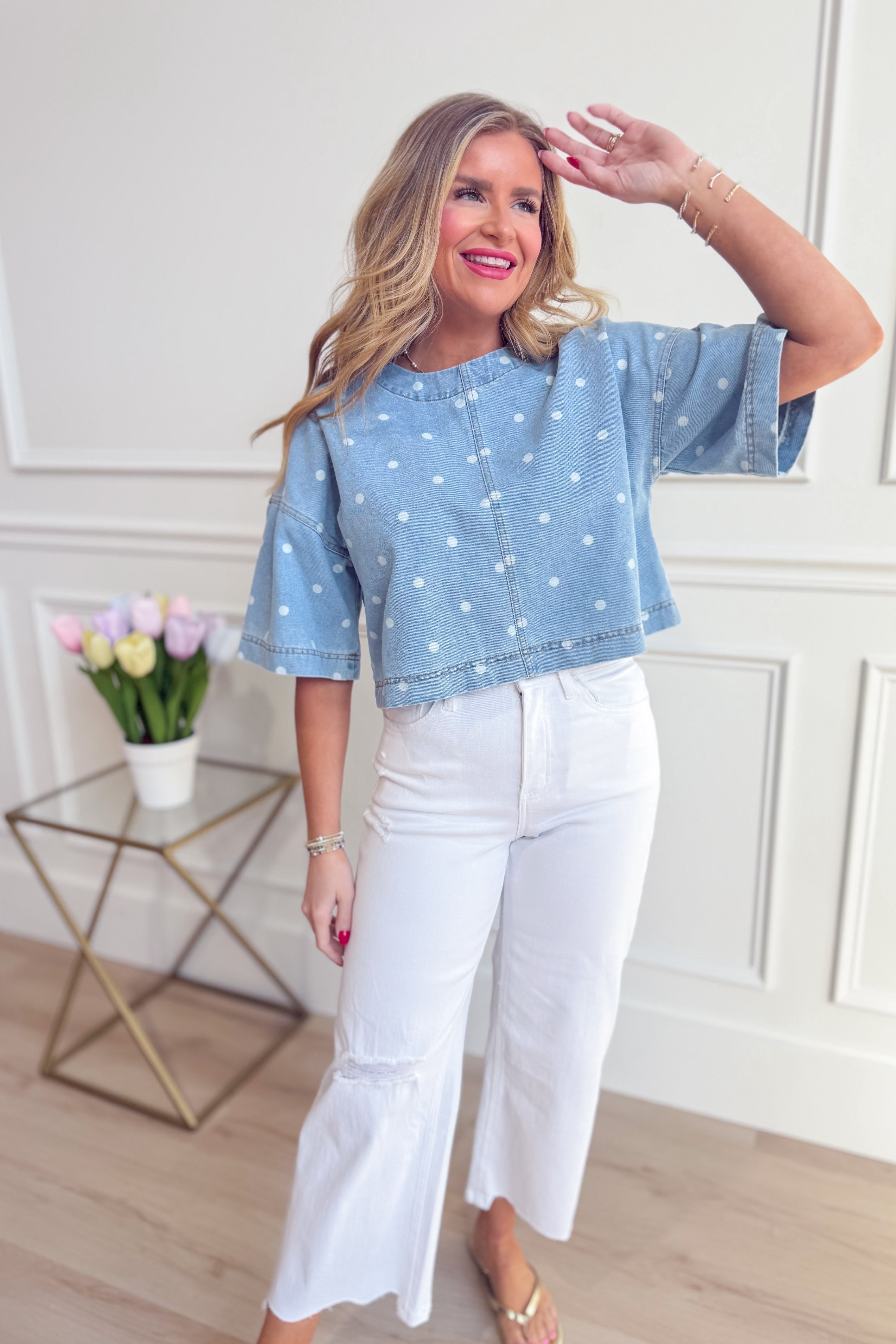 PEACH LOVE Grace Polka Dot Denim Top, stylish 110 dressy top with polka dot pattern, casual yet chic denim blouse.
