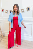 Rae Mode Linny casual sleeveless wide-leg jumpsuit, featuring a relaxed fit and stylish design, displayed on a hanger.