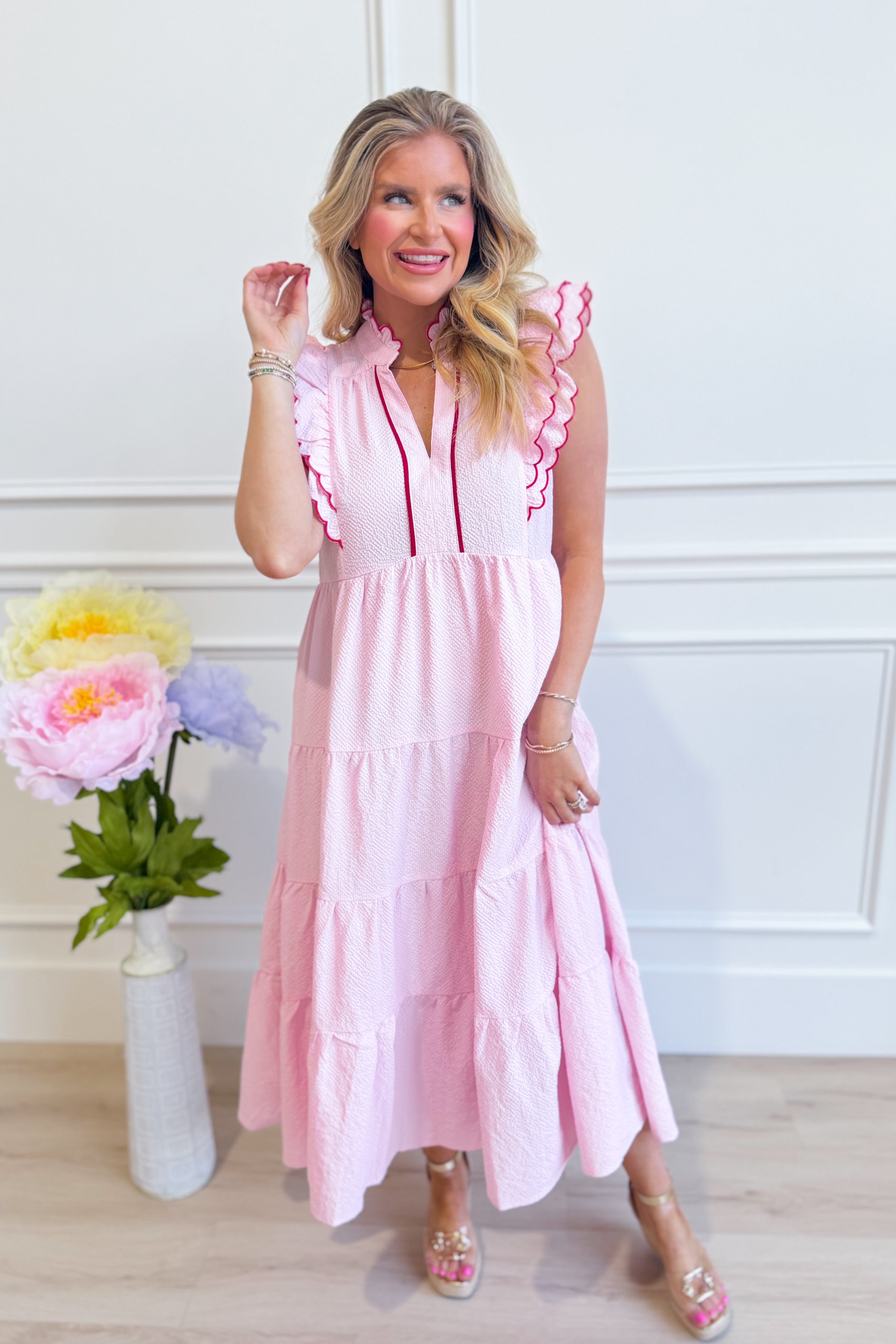 UMGEE USA Shannon scalloped trim midi dress featuring elegant scalloped details and a flowing silhouette for dressy occasions.