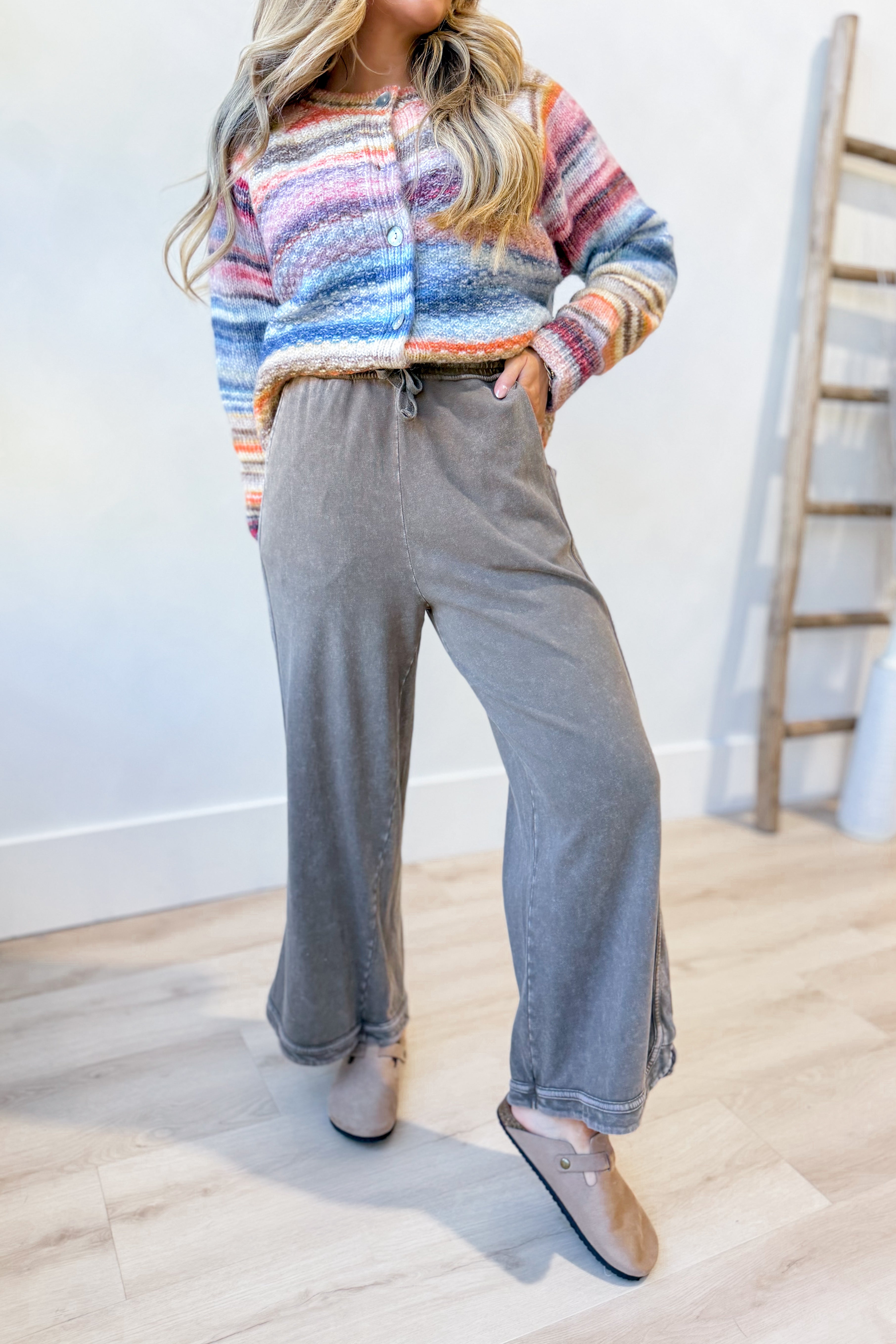 EASEL Cooper Dk Chocolate washed terry knit pant, 156 pants style, showing relaxed fit and soft fabric texture.