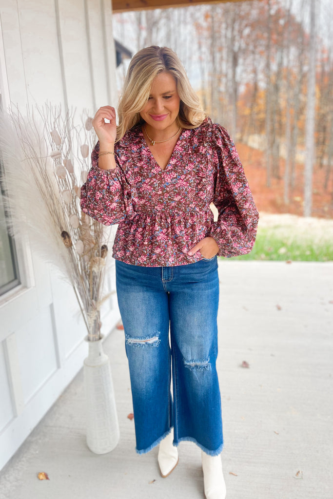 Liza Floral Print V Neck Long Sleeve Peplum Top - Be You Boutique