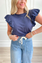 Lacy French Terry Ruffle Sleeve Top - Navy - Be You Boutique