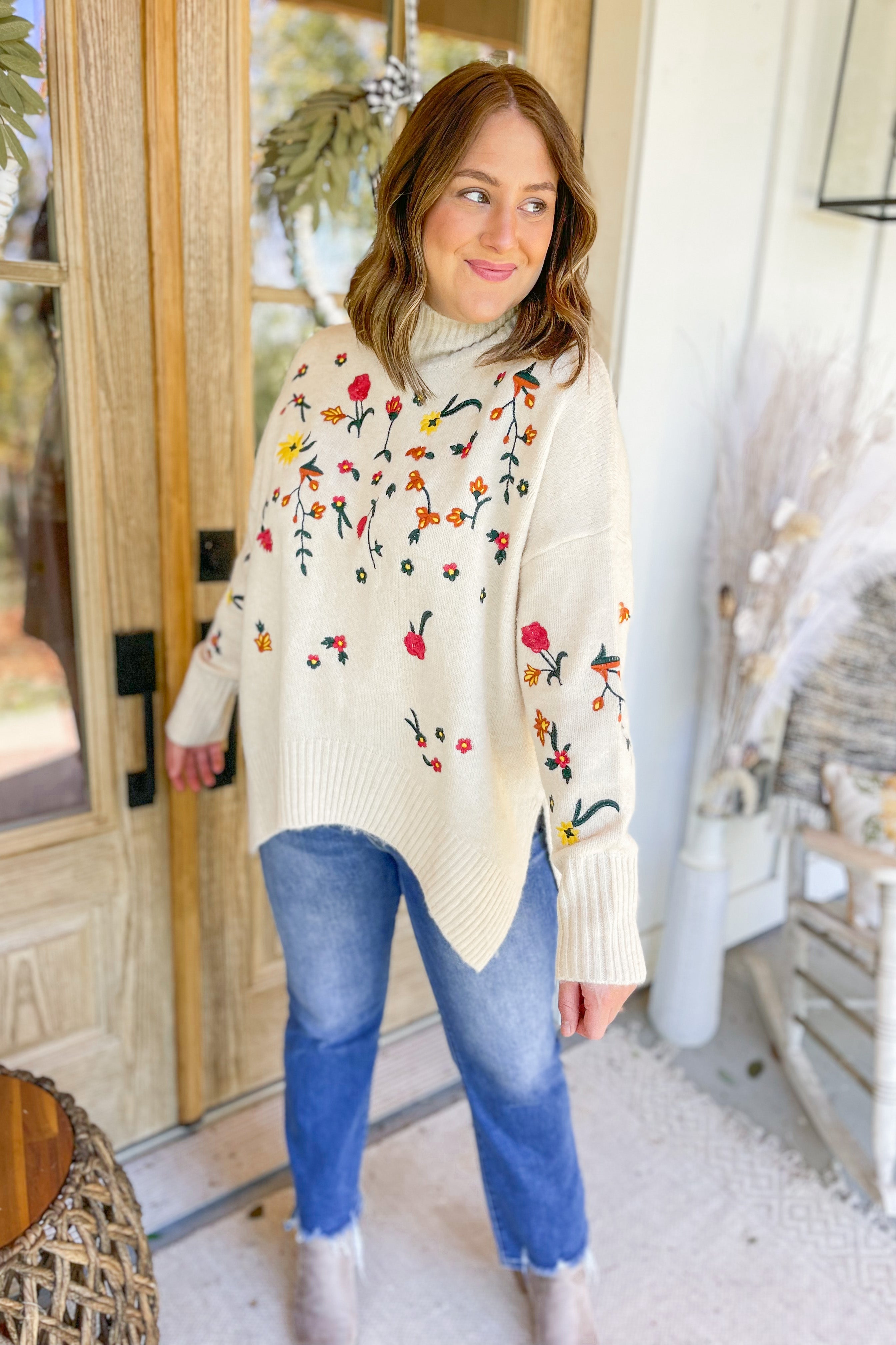 Laural Floral Embroidery Turtle Neck Sweater - Be You Boutique