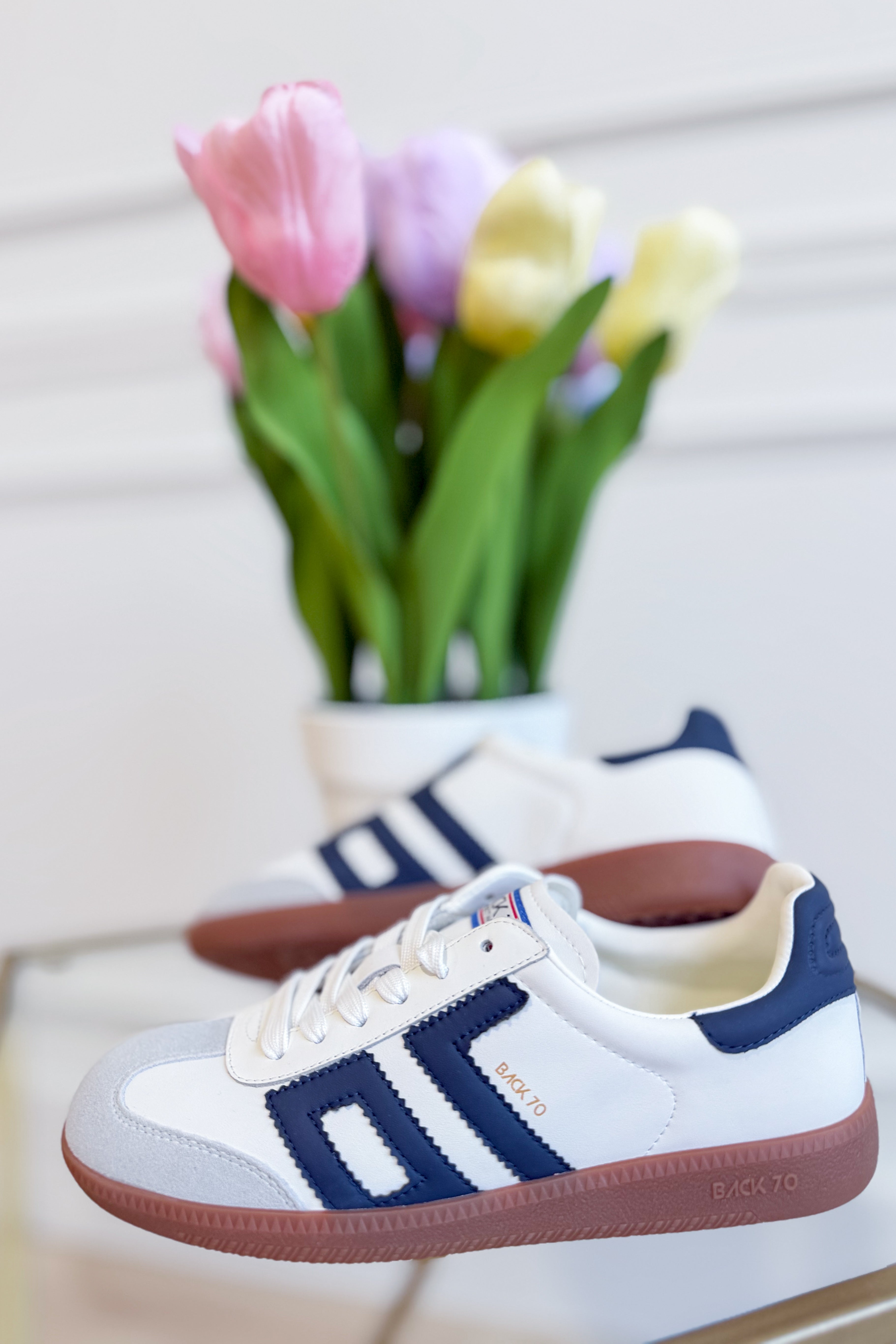 White and navy BACK 70 Cloud Sneakers, 205 sneakers style, featuring sleek design and comfortable fit.