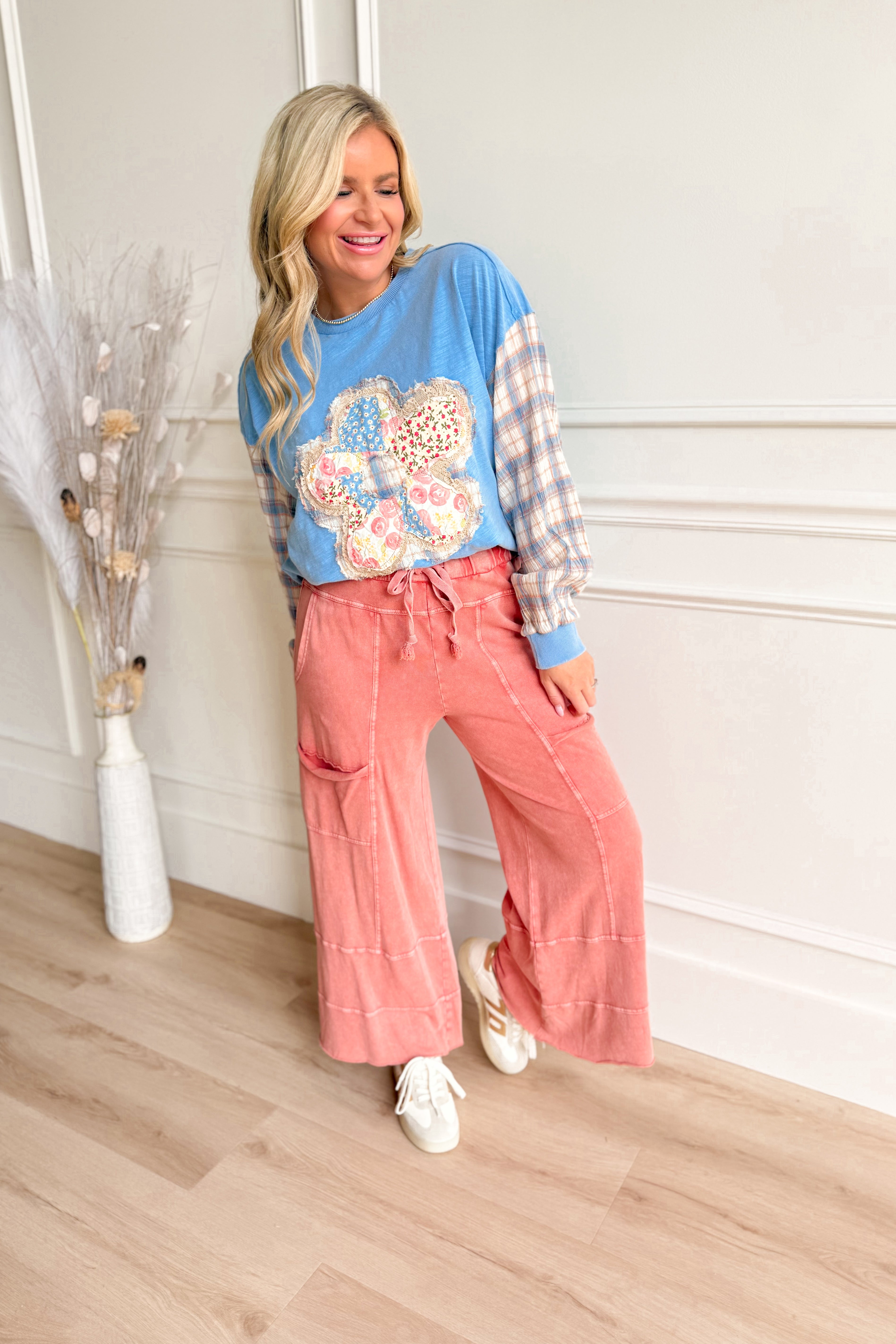 Sonya Plaid Sleeve Flower Patch Top - Be You Boutique