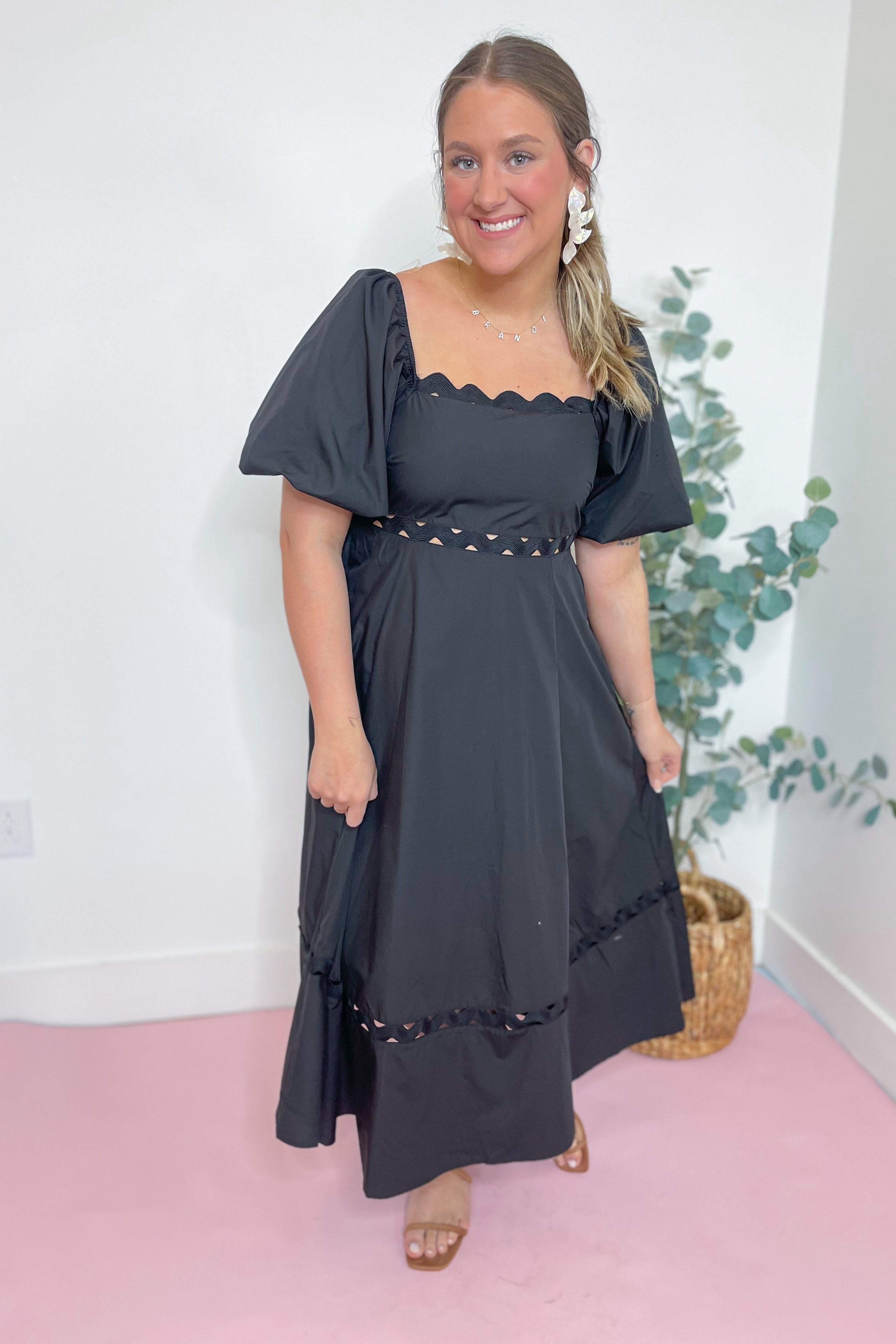 Brennley Puff Sleeve Ric Rac Trim Midi Dress - Be You Boutique