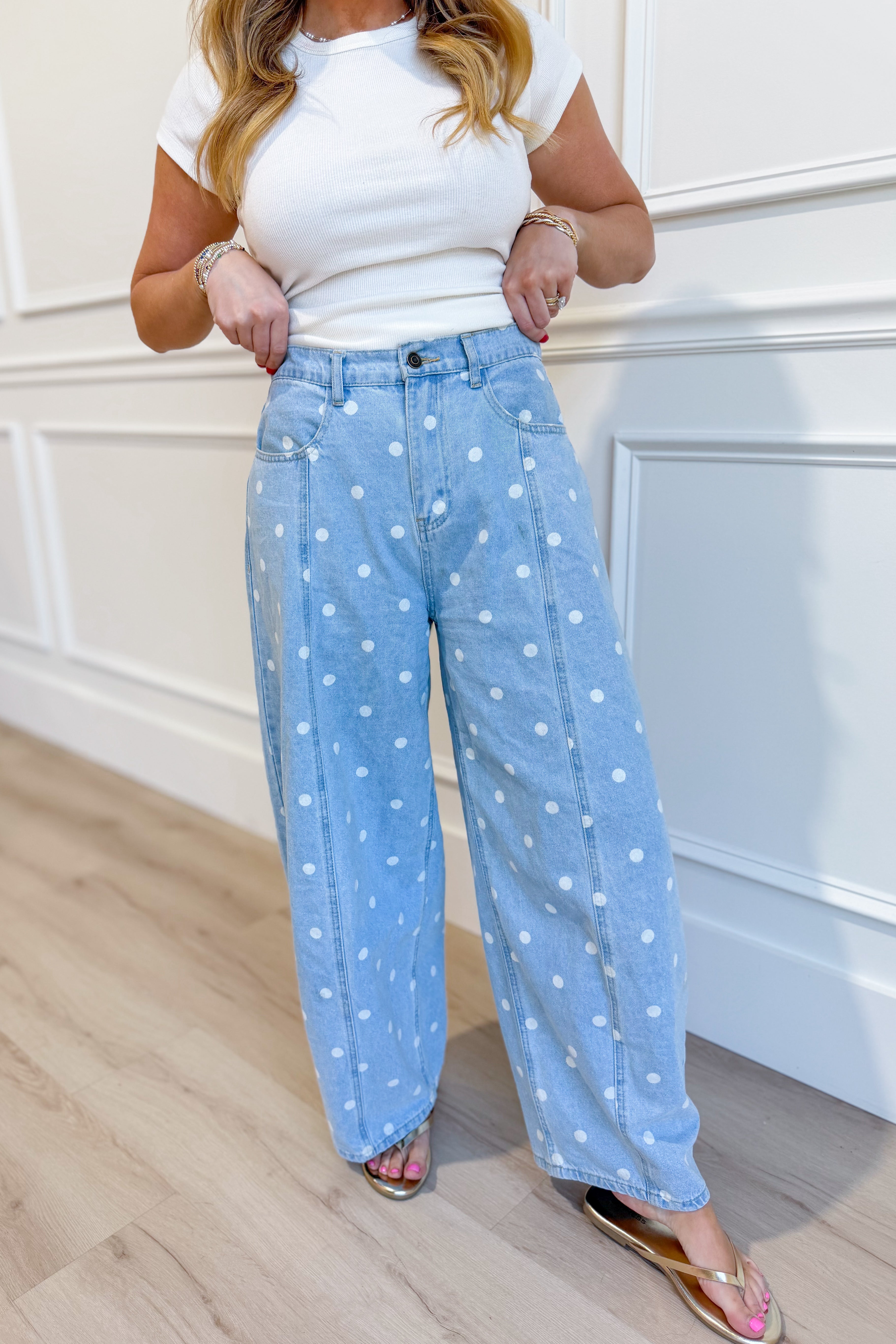 Cupid Polka Dot Barrel Jeans by PEACH LOVE, 147 novelty jeans featuring playful polka dot pattern and relaxed barrel fit.