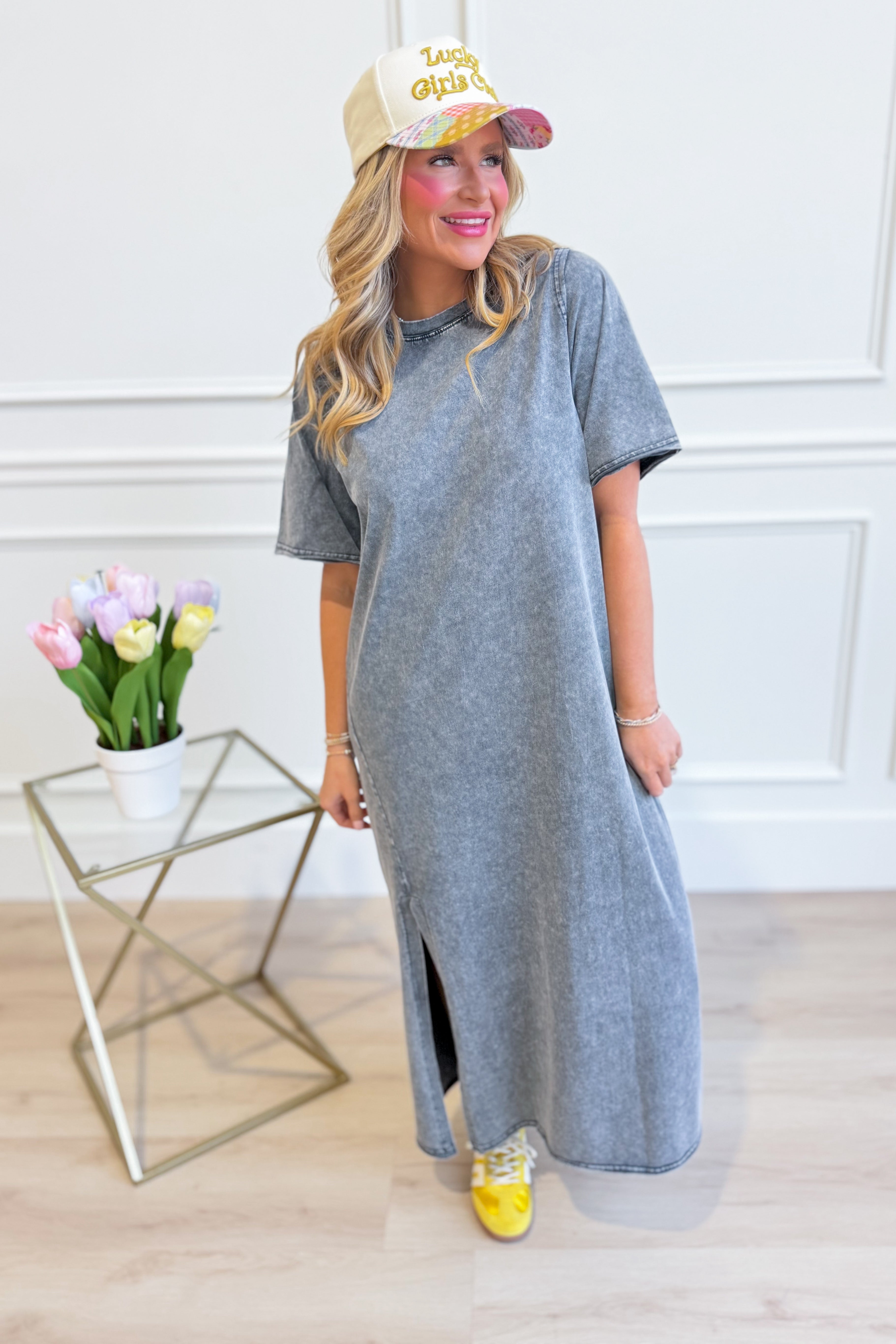 EASEL Casey Mineral Wash Terry Midi Dress in casual, relaxed fit with a mineral wash finish and sleeveless design.