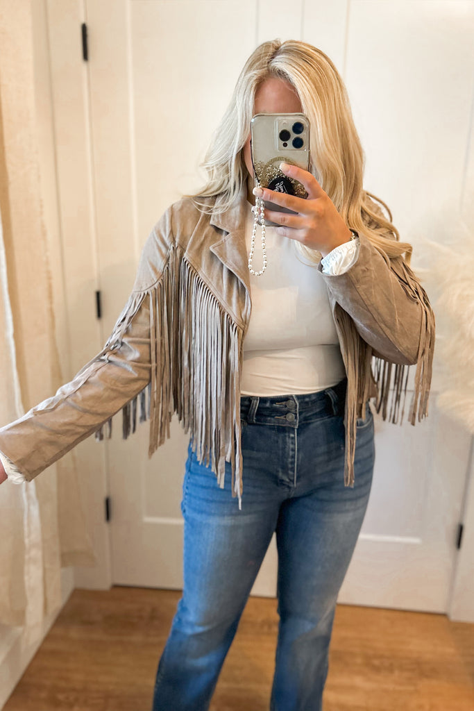 River Long Sleeve Faux Suede Fringe Jacket - Be You Boutique