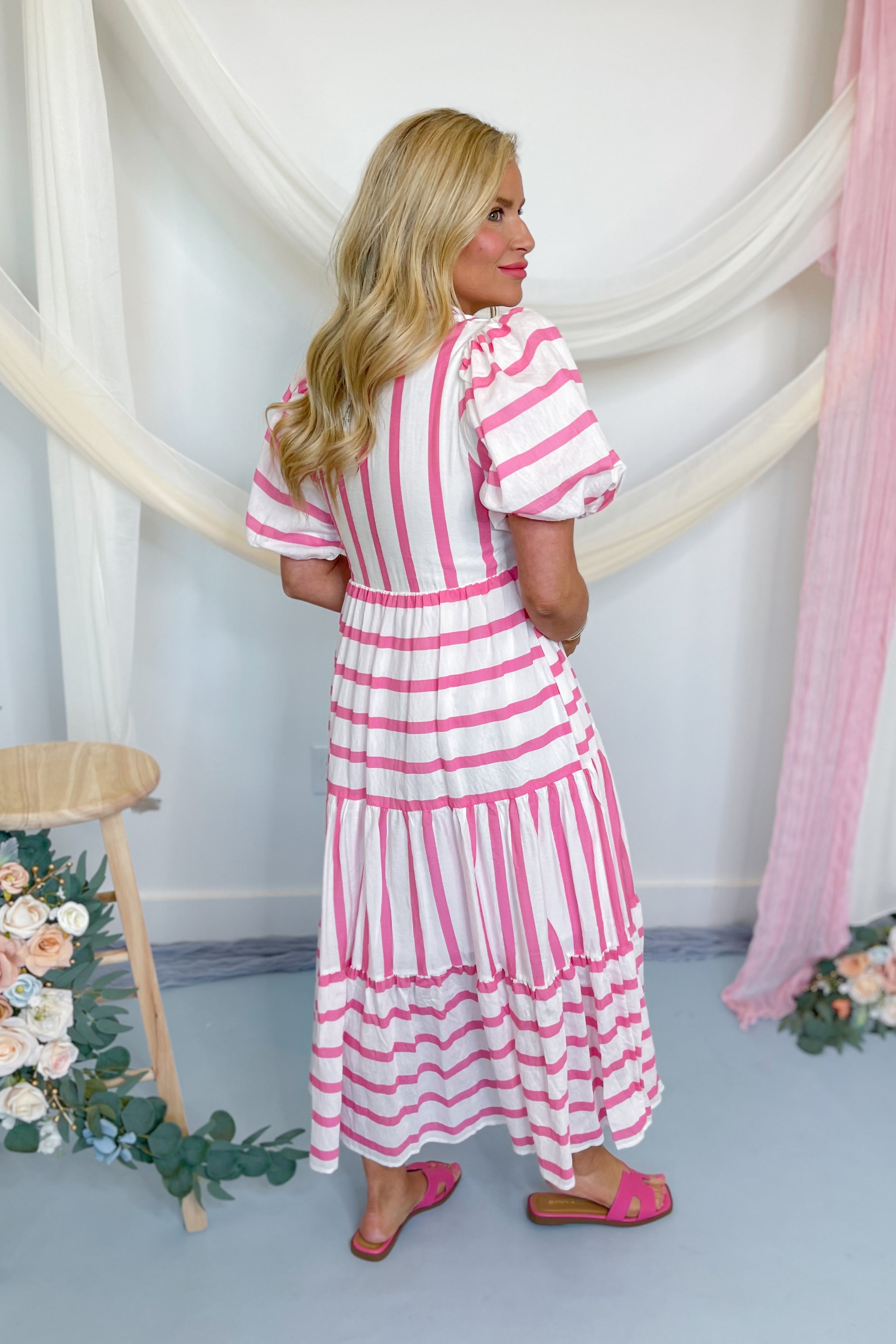 Ashley Striped Bubble Sleeve Midi Dress - Be You Boutique