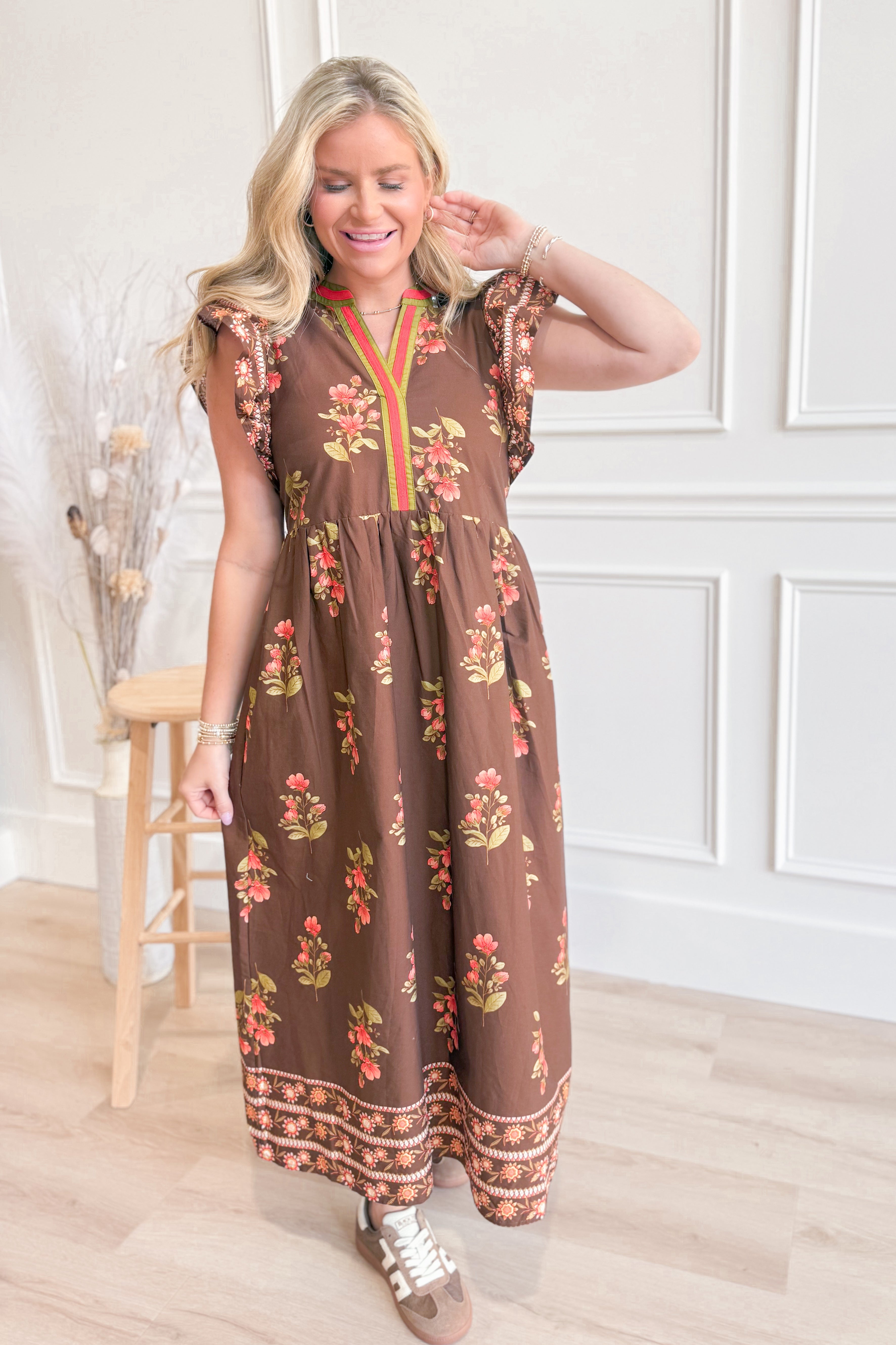 Laura Flutter Sleeve Printed Trim Dress - Be You Boutique