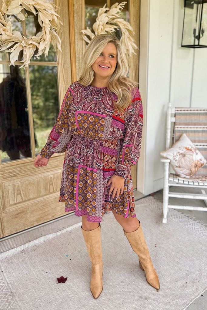 Allie Plum Print Long Sleeve Dress - Be You Boutique