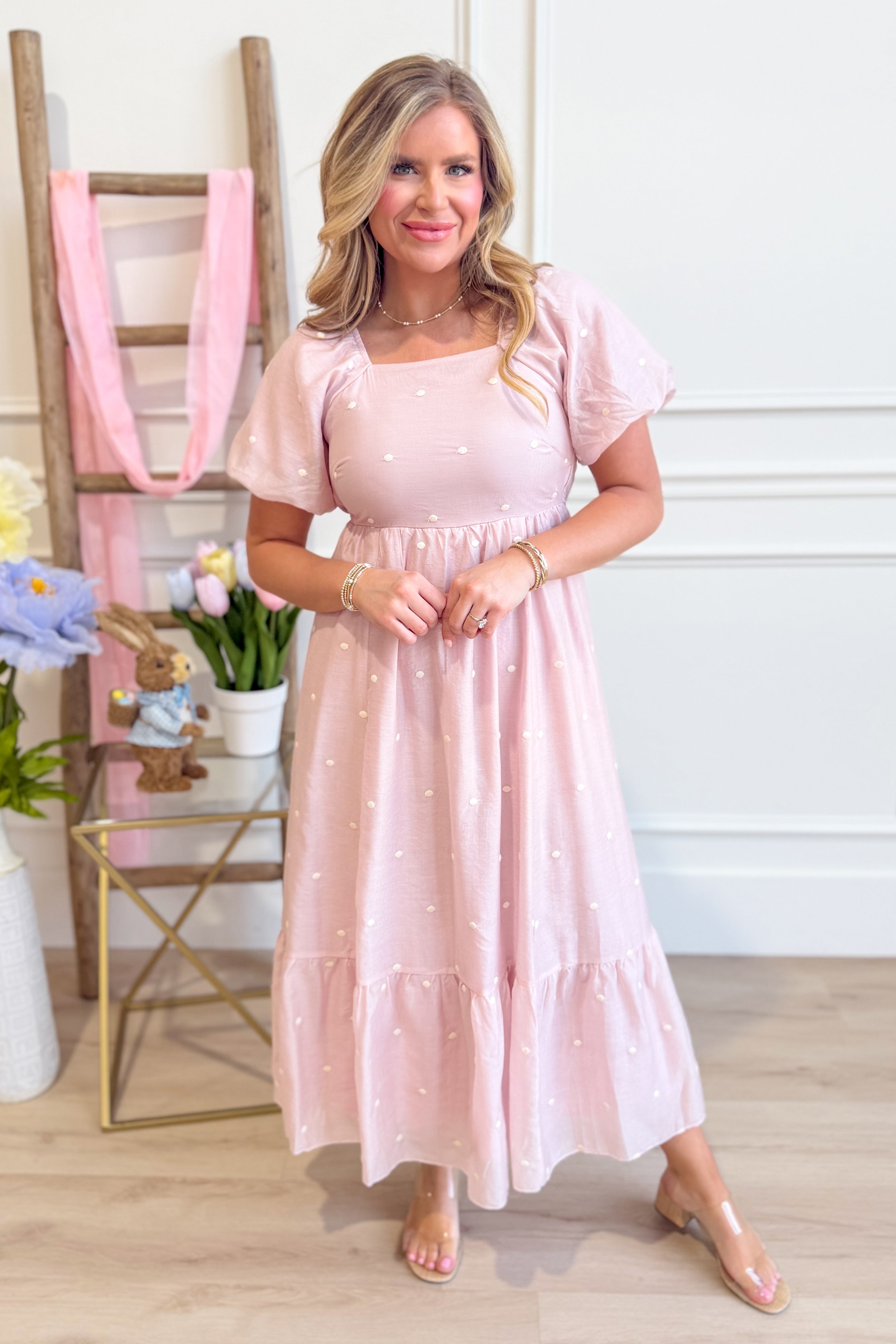 Pamela Blush Embroidered Dotted Dress - Be You Boutique