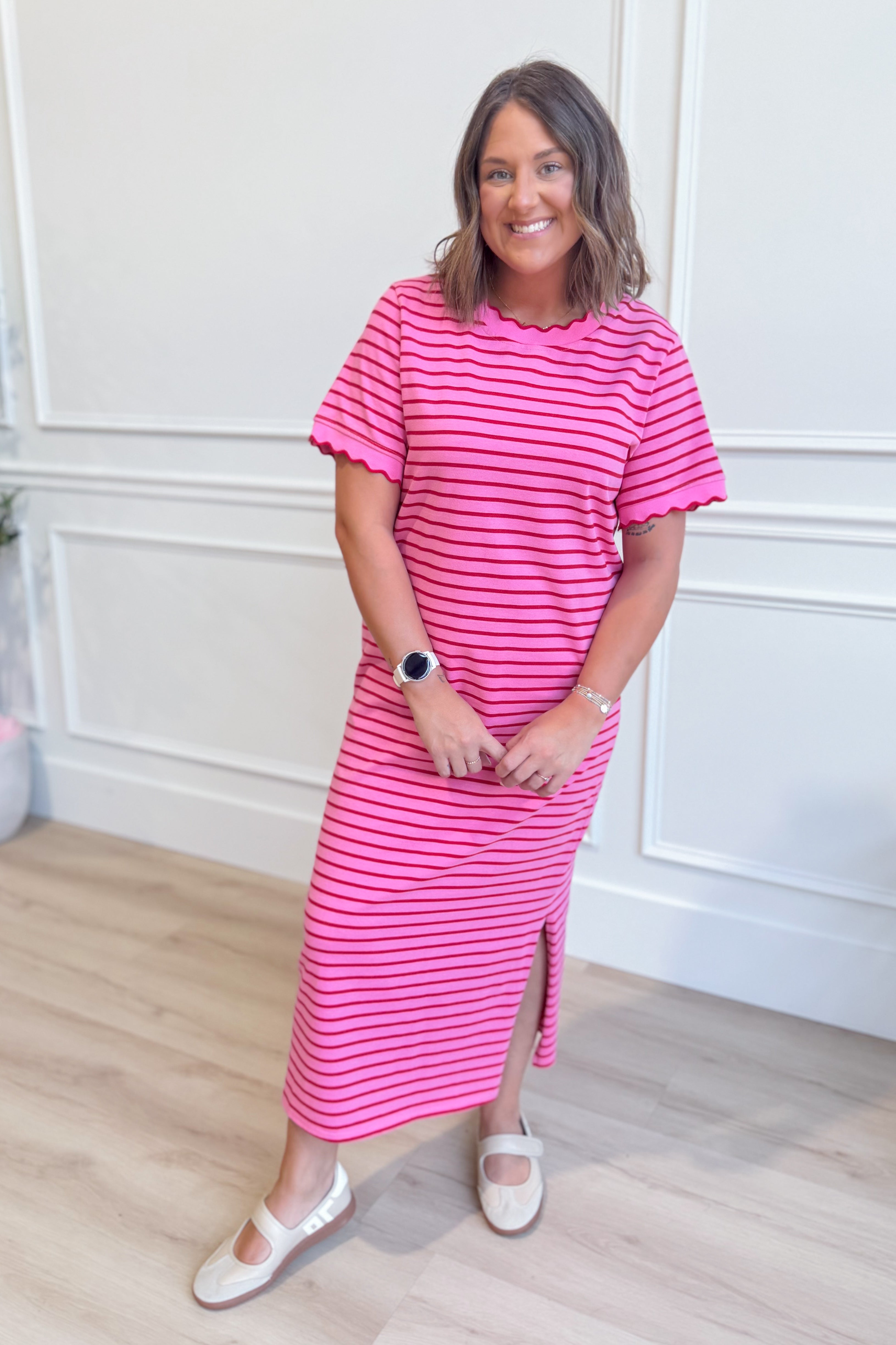 Pink striped Piper midi dress by BAEVELY featuring short sleeves and a casual, relaxed fit.