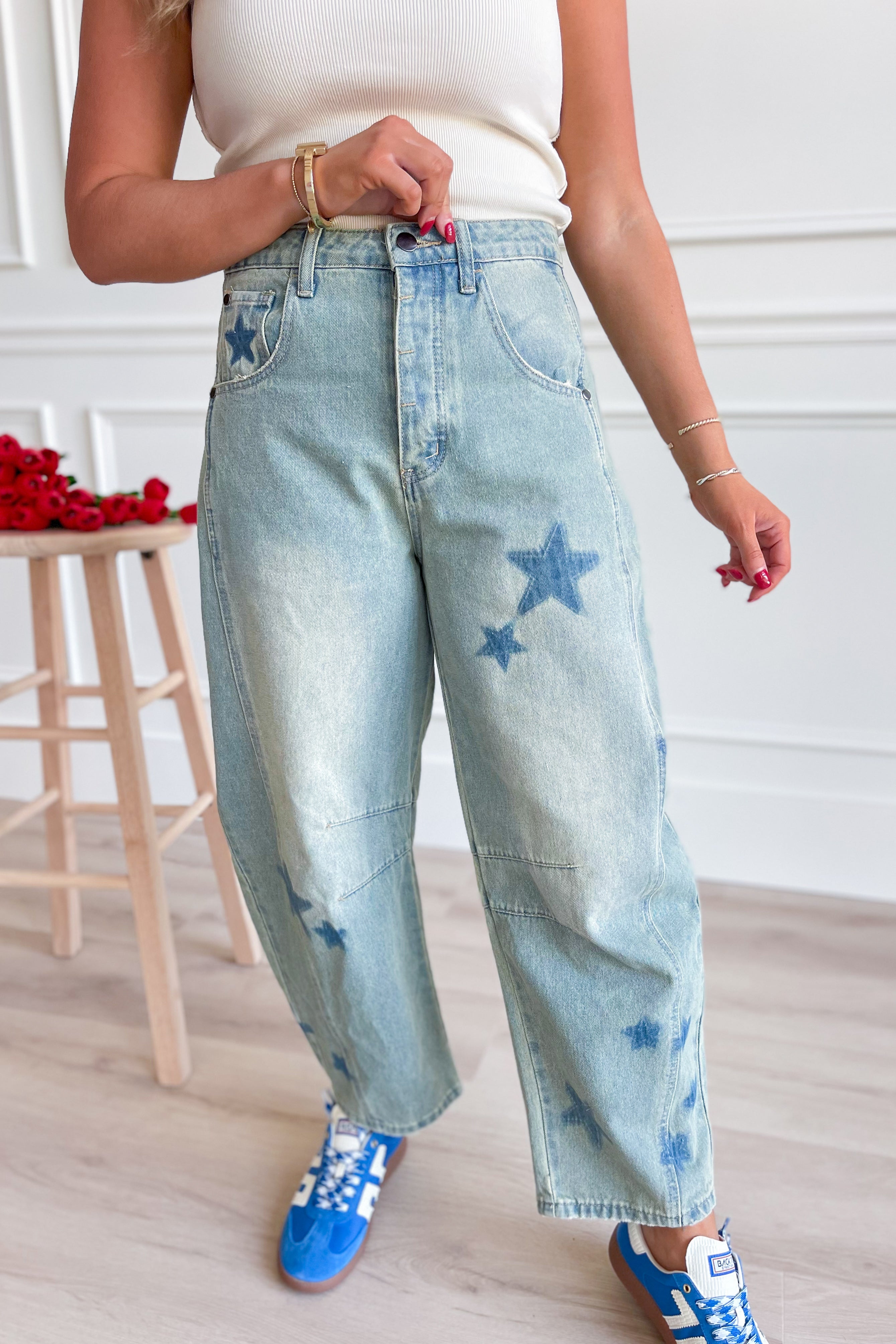 Easel Star Printed Barrel Denim Pants - Be You Boutique