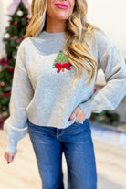Wishlist Hallie Christmas Tree embroidered sweater featuring festive holiday tree embroidery on a cozy fall sweater.