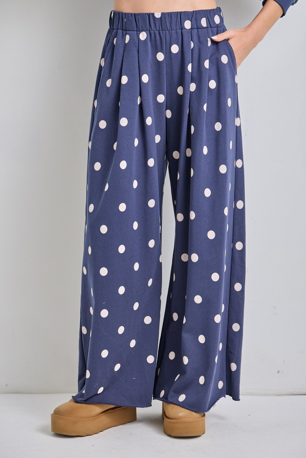Baevely Ollie Polka Dot Elastic Waist Pants in black and white, relaxed fit with comfortable elastic waistband and polka dot pattern.