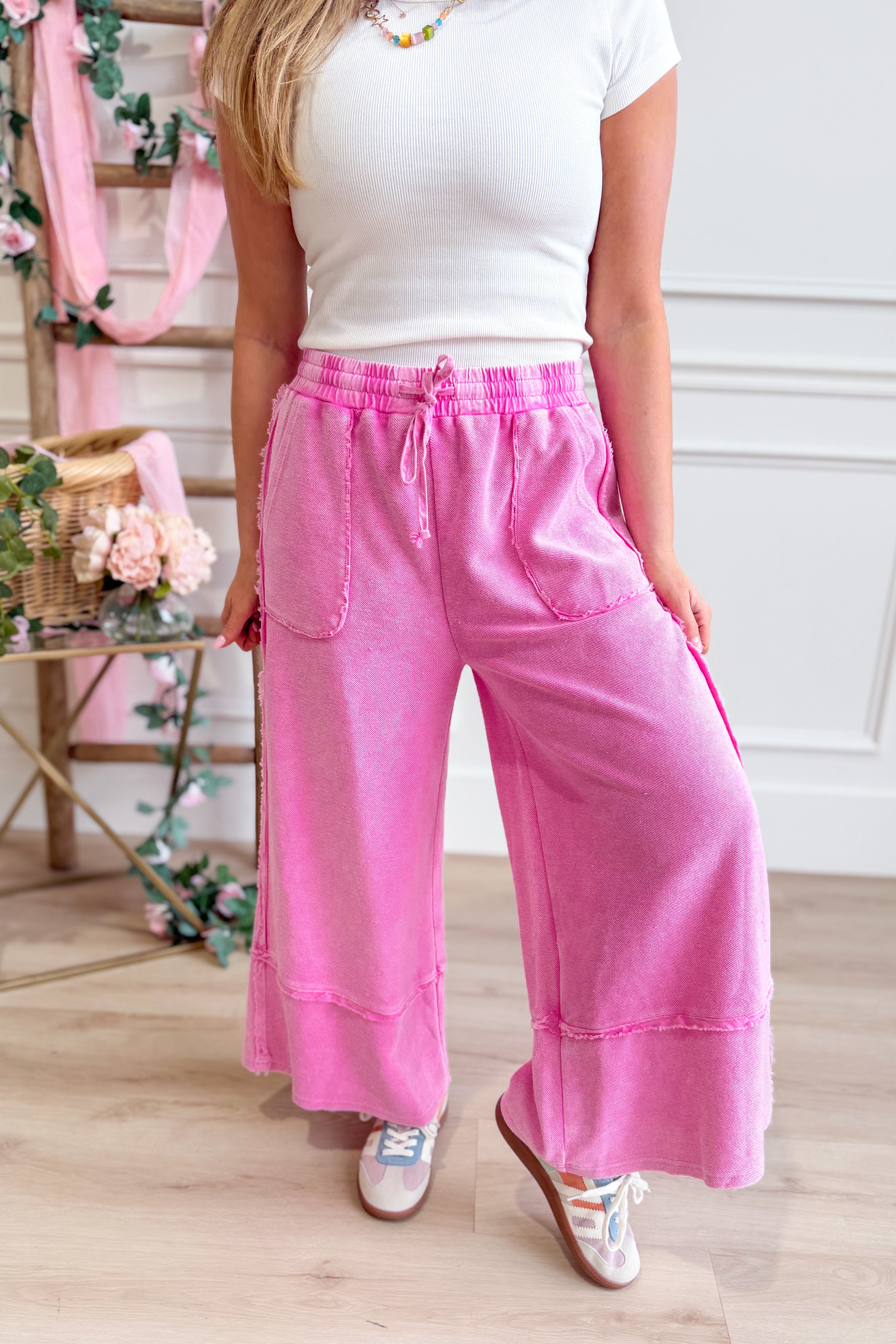 Caris Mineral Washed Upside Down Terry Knit Wide Leg Palazzo Pants - Be You Boutique