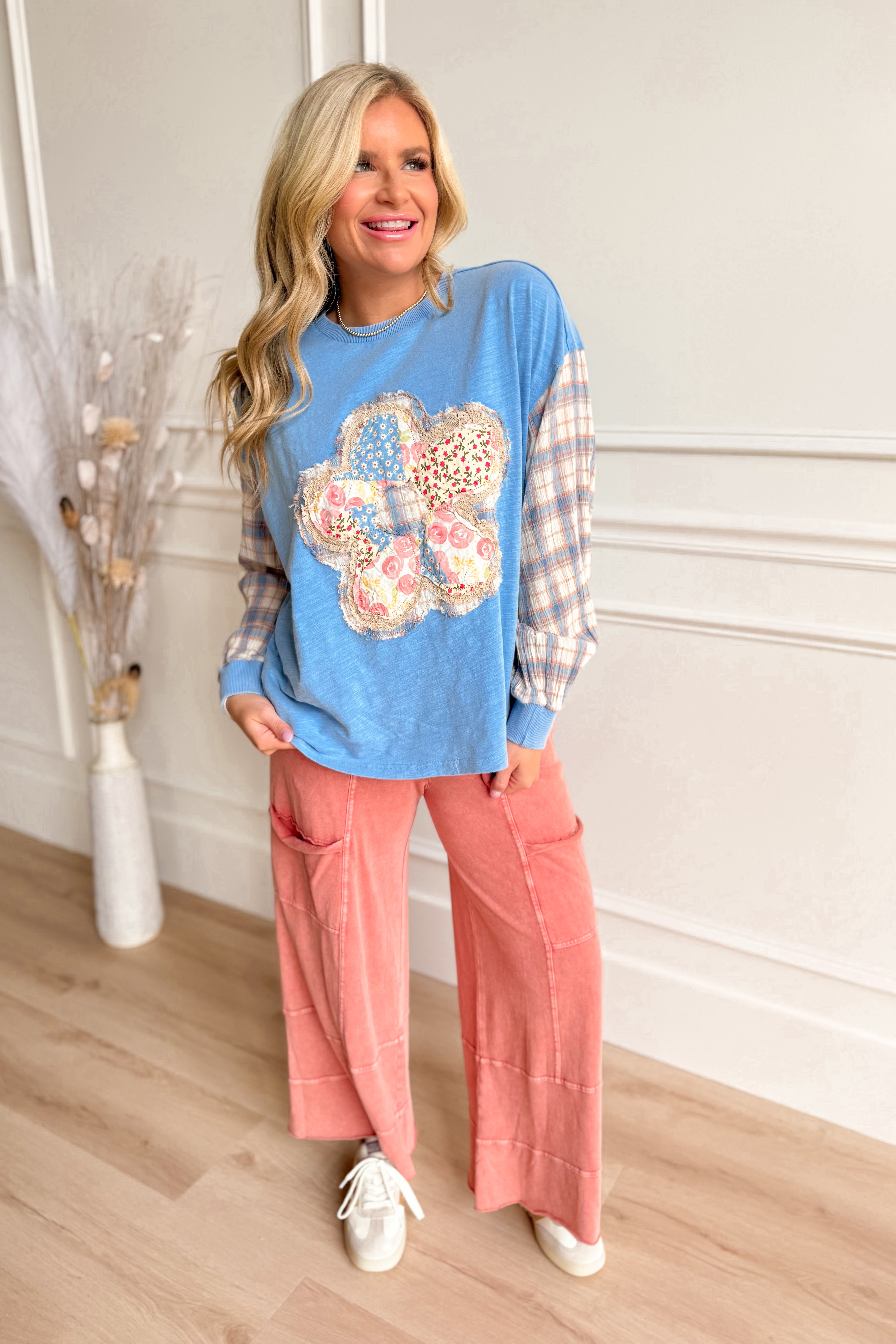 Sonya Plaid Sleeve Flower Patch Top - Be You Boutique