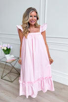 TCEC Folly Baby Pink Flutter Sleeve Midi Dress with casual style, lightweight fabric, and feminine design, perfect for spring and summer.