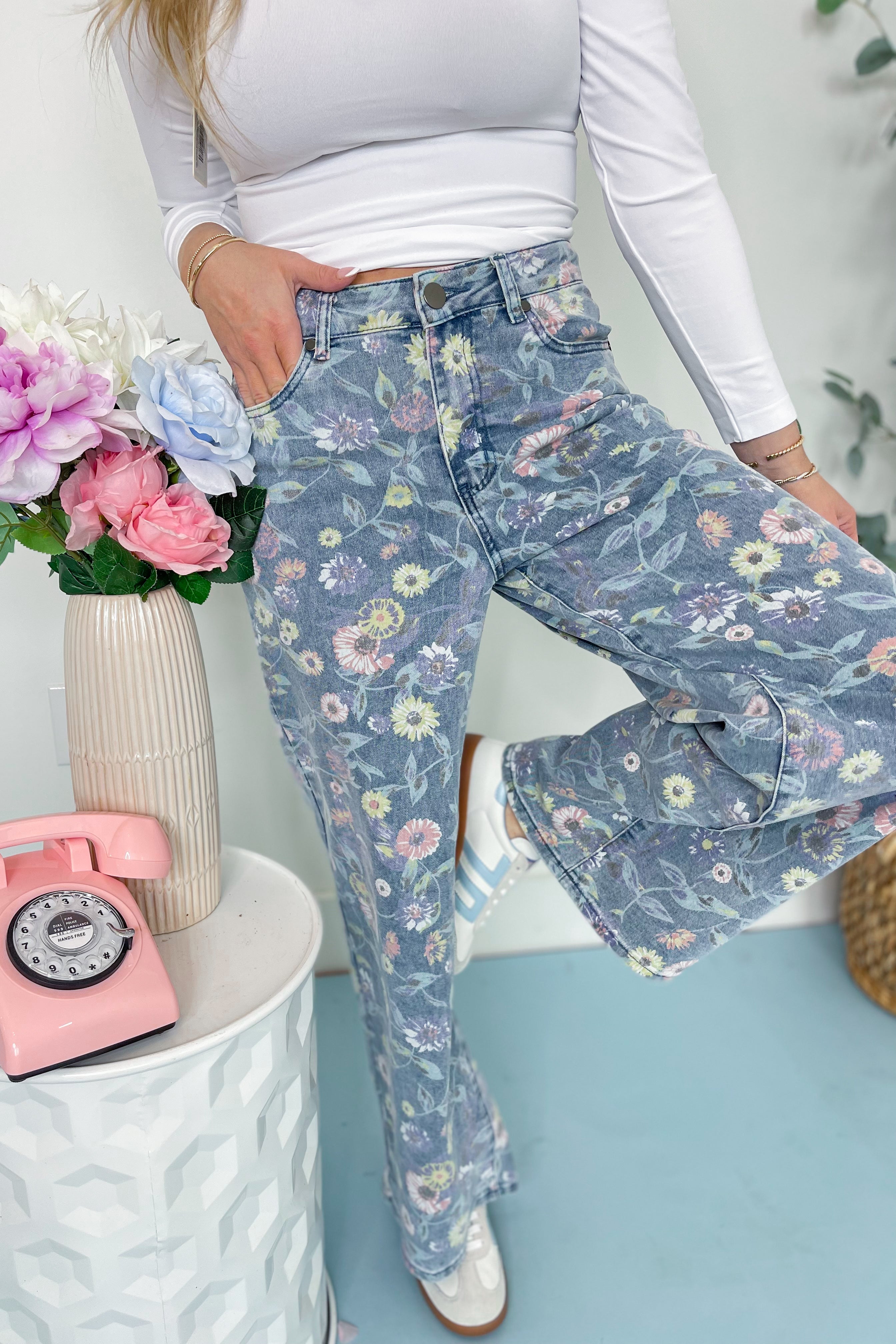 Aly Floral Washed Denim Twill Pant - Be You Boutique