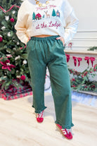 Wishlist Riley Forest Corduroy Ruffle Trim Pant, 156 Pants, beige with ruffle details and corduroy texture.