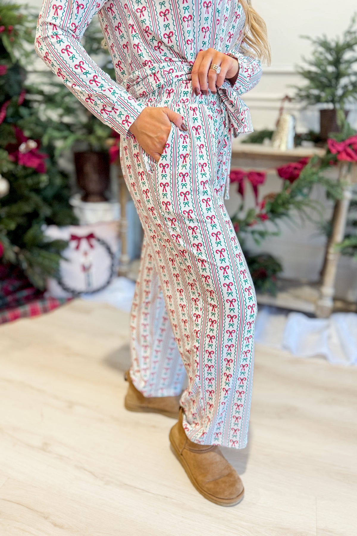 Mary Square Annie Peppermint Twist pajama set with 156 pants featuring a festive peppermint twist pattern, laid flat.