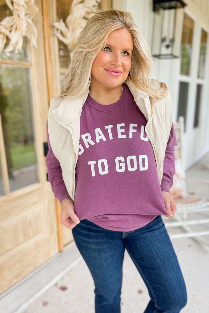 Grateful To God Berry Long Sleeve Comfort Color Graphic Tee - Be You Boutique