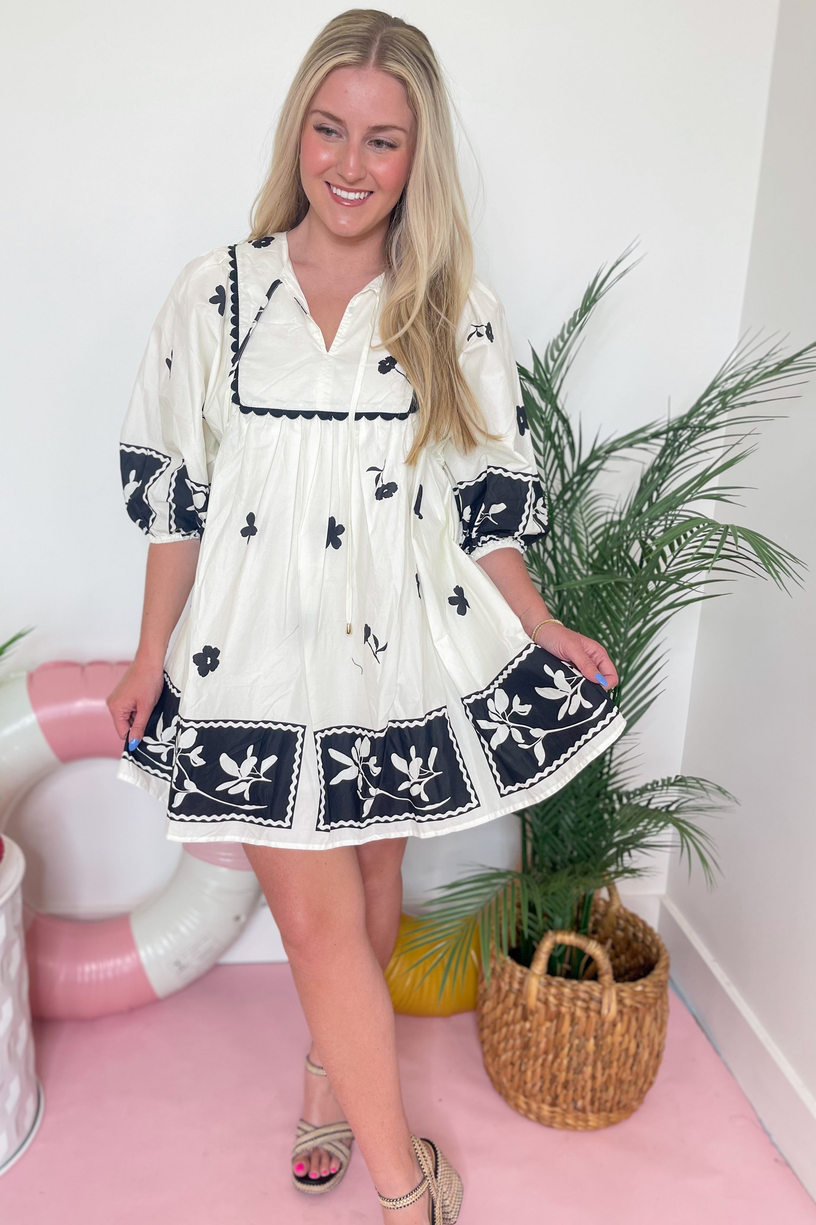 Lyla Floral Stenciled Scalloped Dress - Be You Boutique