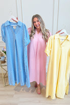 Umgée USA Tonya plaid printed midi dress with long sleeves and fitted waist, stylish dressy dress for casual or formal occasions.