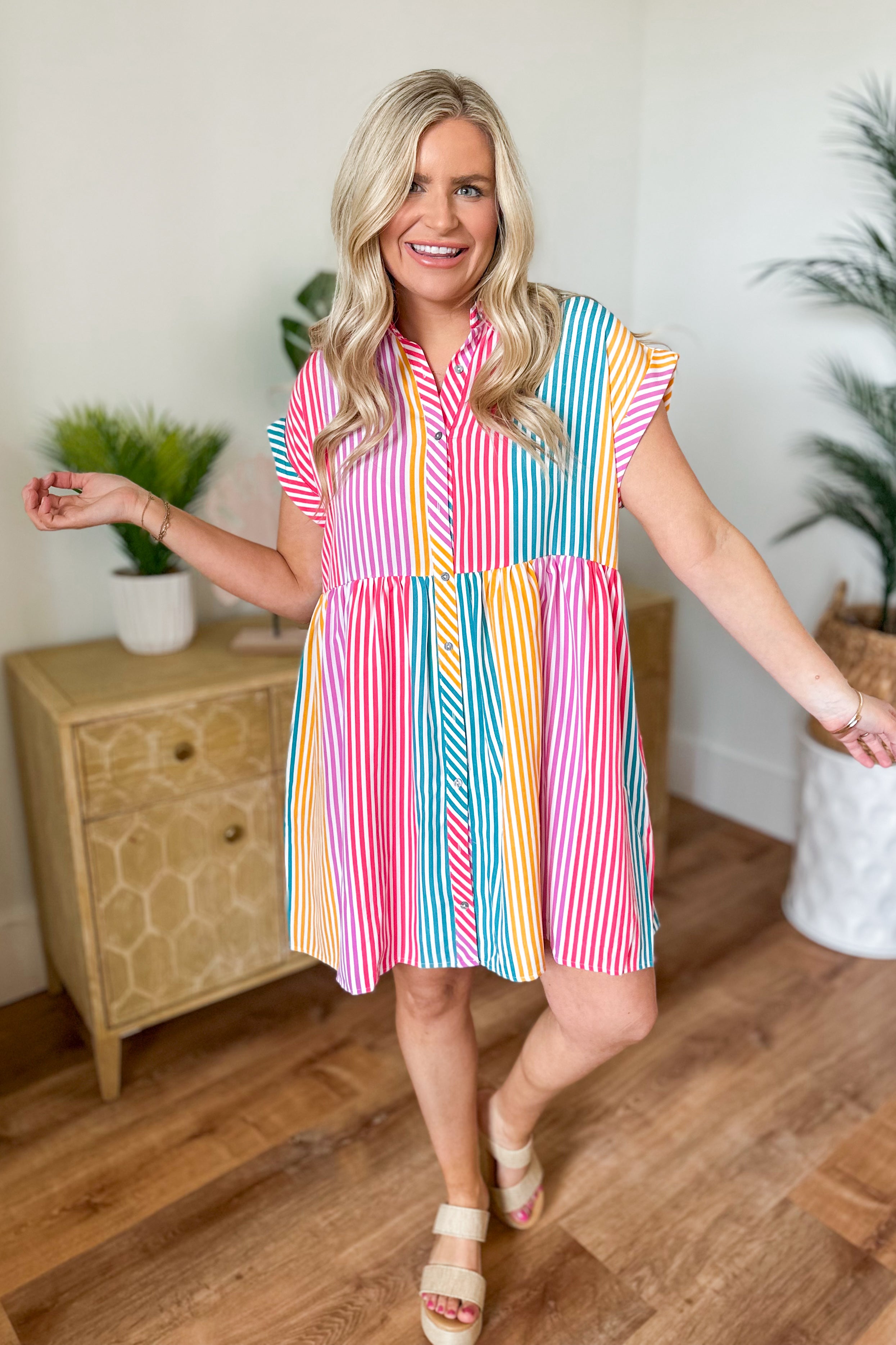 Jane Stripe Button Down Collared Short Sleeve Babydoll Dress - Be You Boutique