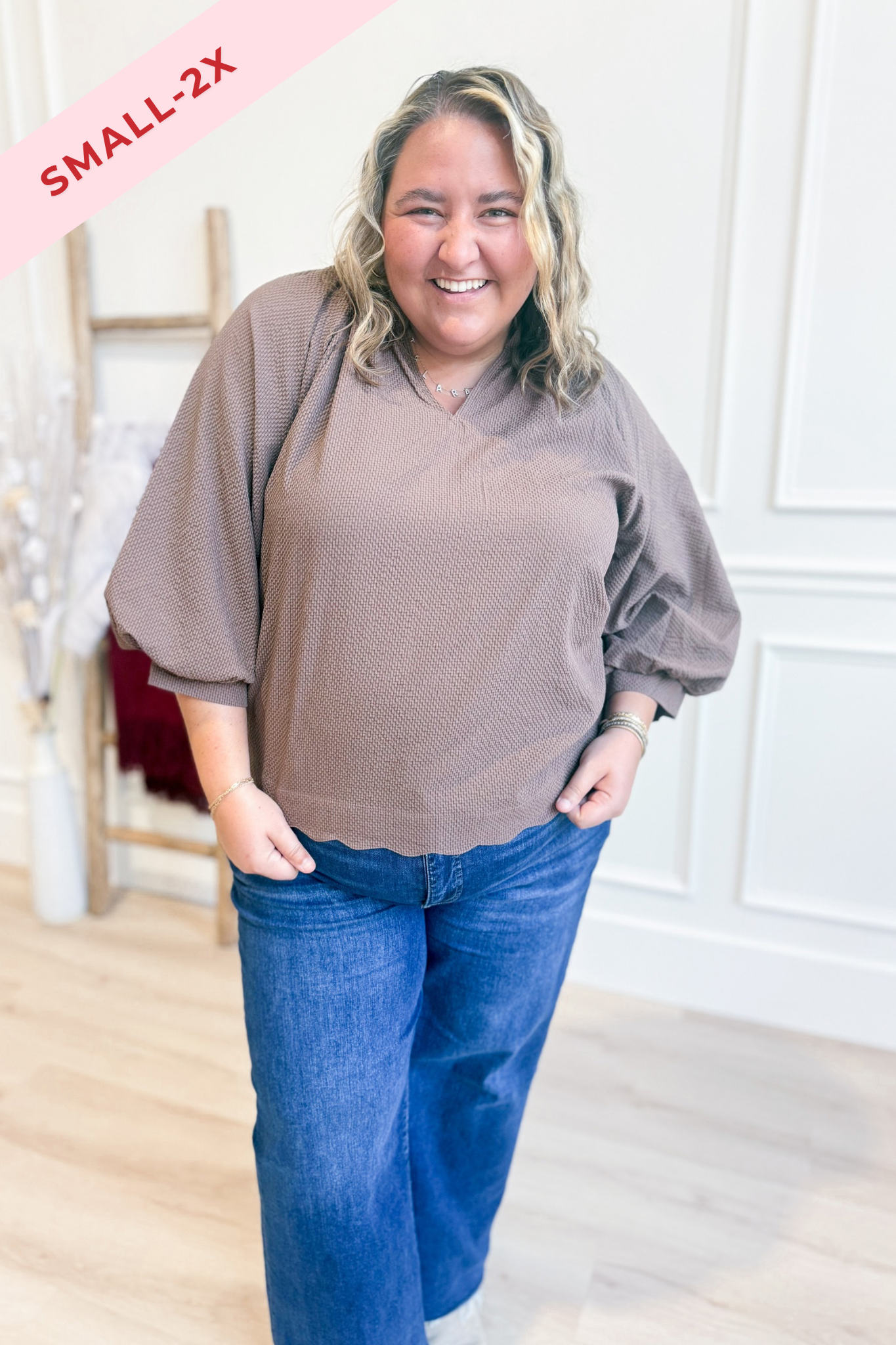 Lacey Textured Scallop Hem Blouse Top - Be You Boutique