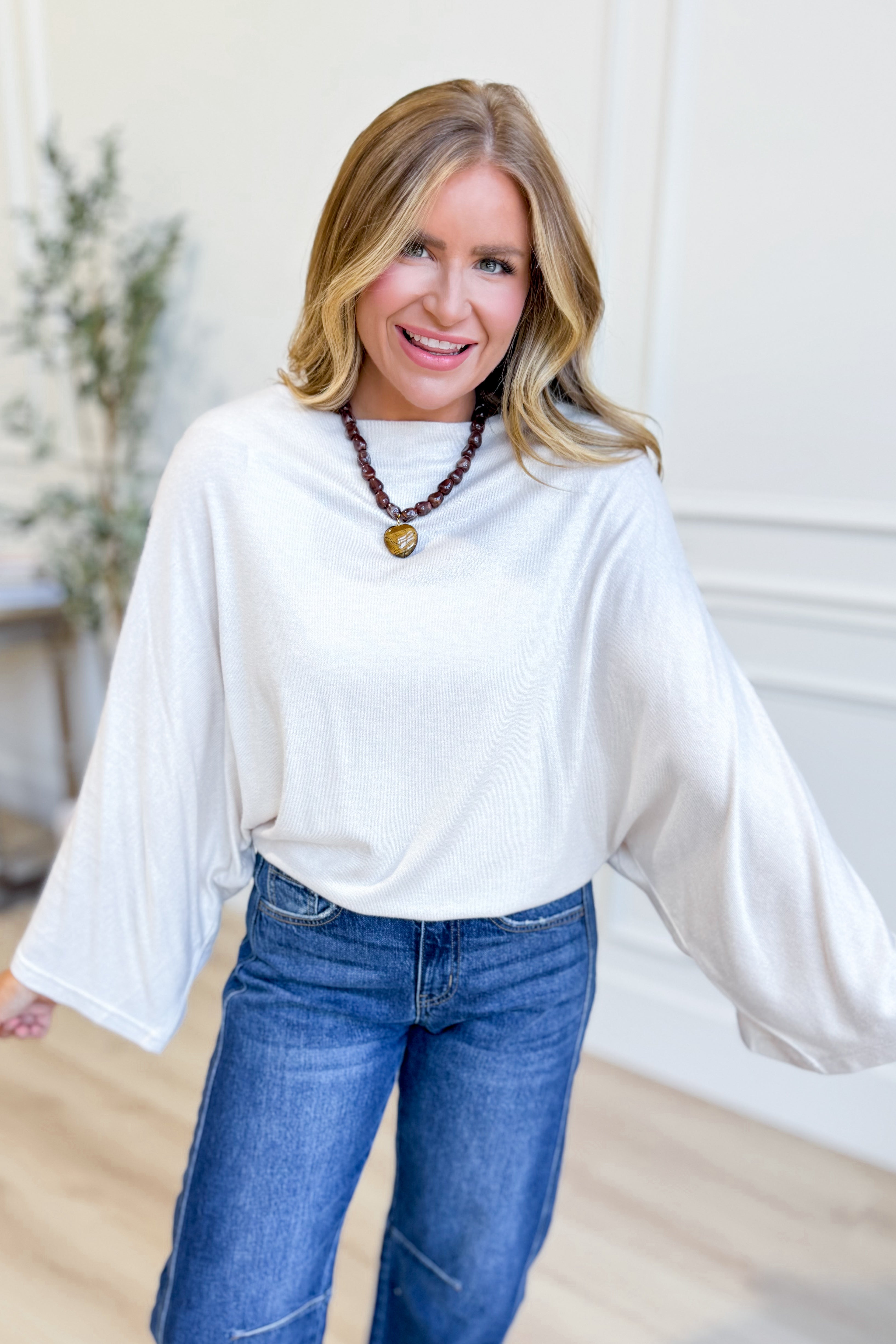 EASEL Nolan ecru dolman sleeve boat neck top, dressy women's blouse with relaxed fit and elegant boat neckline.